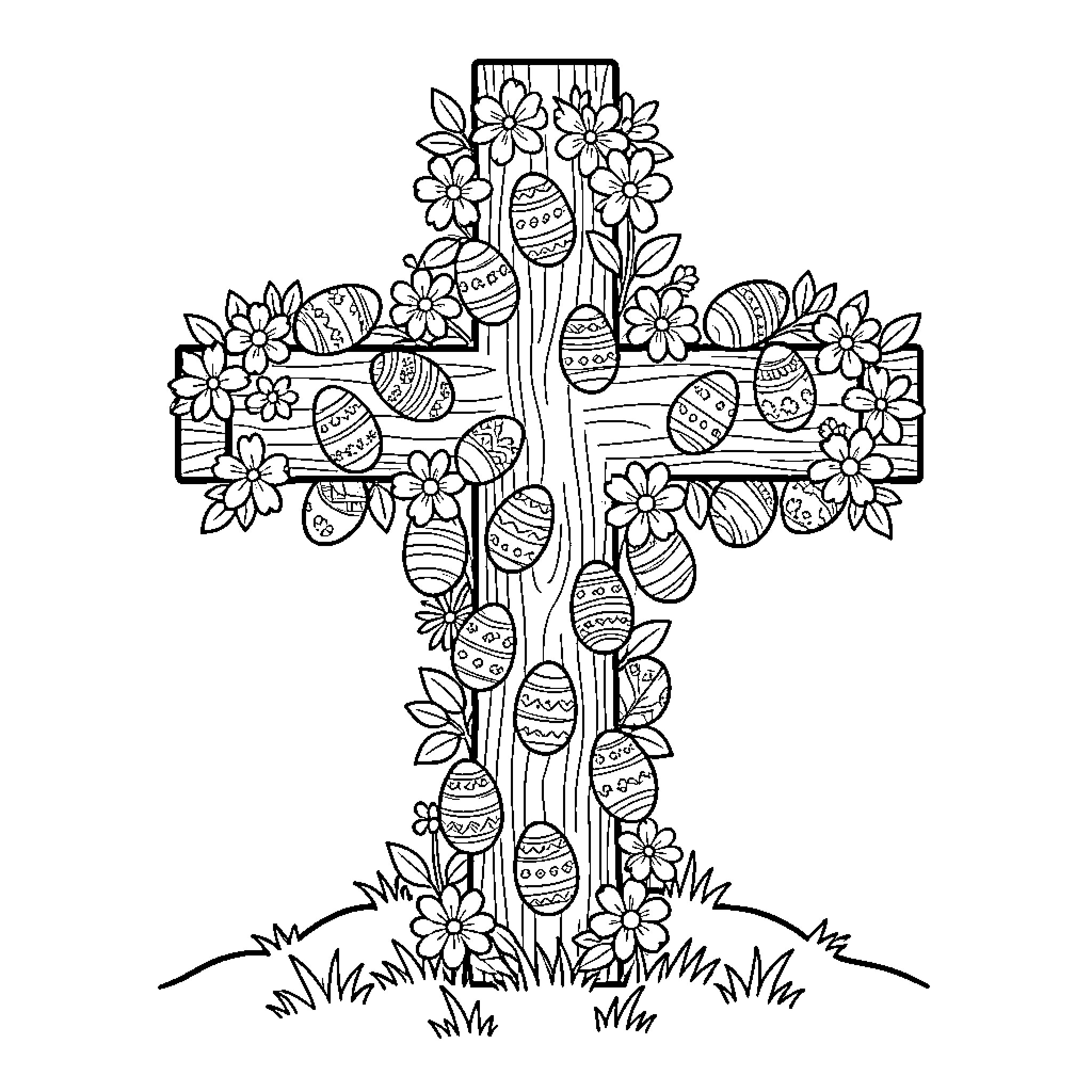 Cross Adorned with Decorative Easter Eggs and Flowers Coloring Page (free black-and-white line drawing printable PDF for all, from beginners to advanced learners, including children, teens, adults, and seniors)