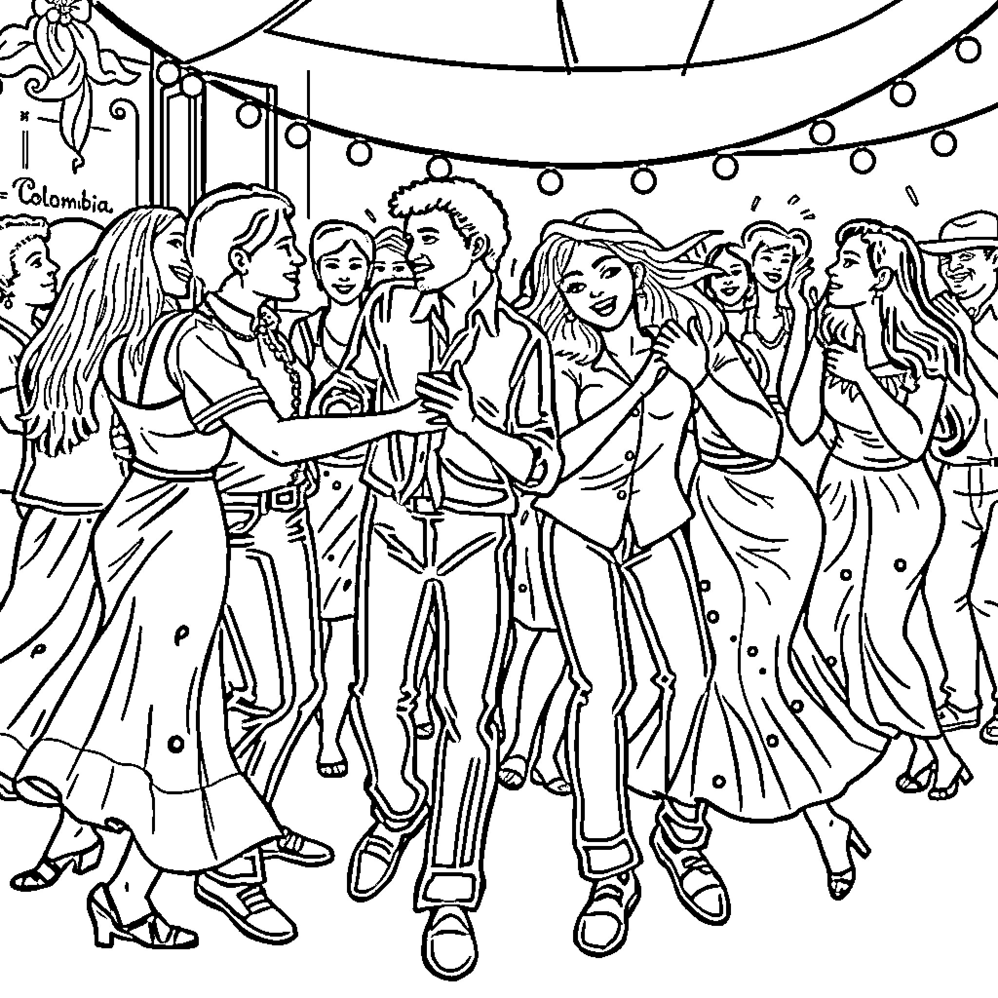 Colombia Celebration with Lively Dance and Festivities Coloring Page (free black-and-white line drawing printable PDF for all, from beginners to advanced learners, including children, teens, adults, and seniors)