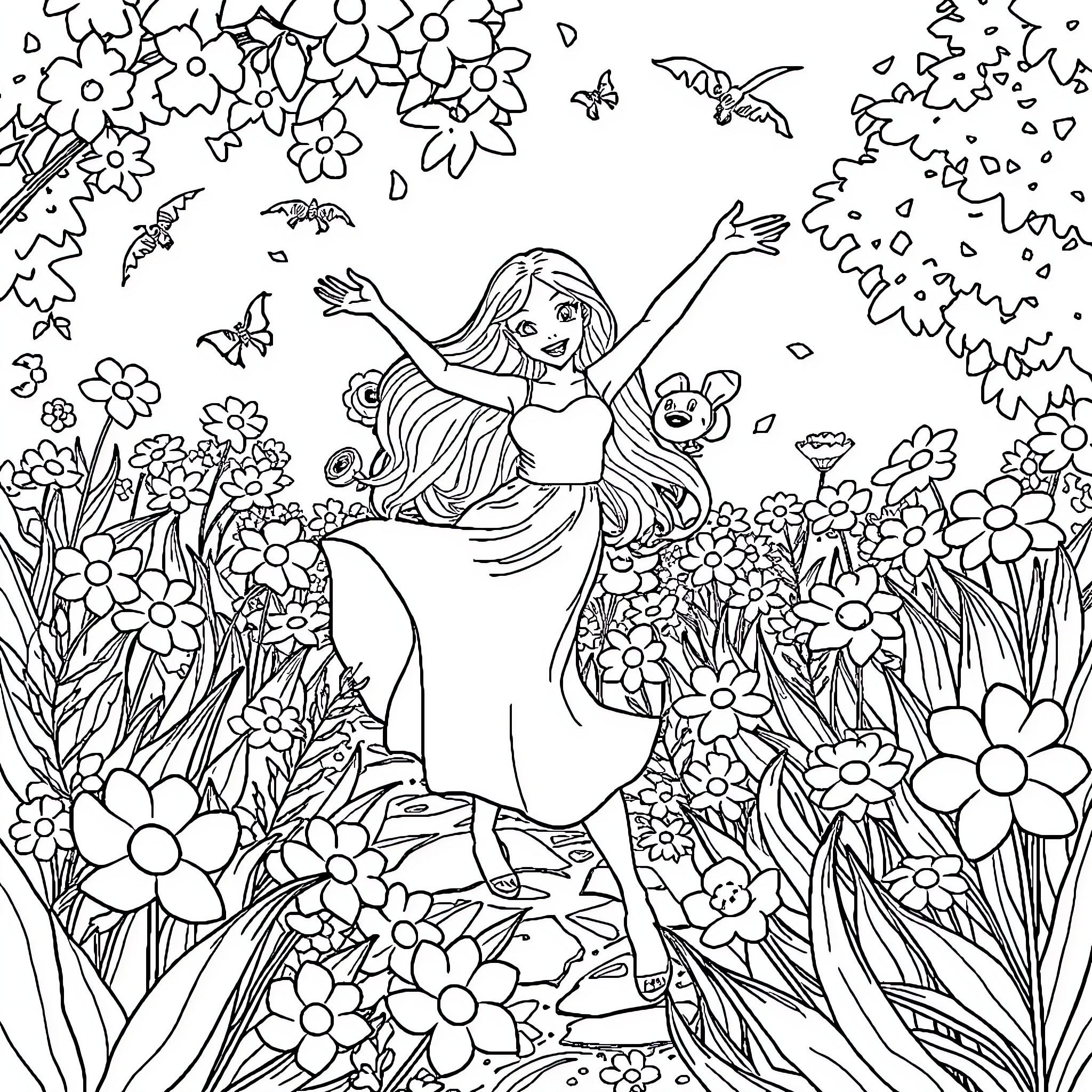 Gimnasta danzando entre las flores y mariposas Coloring Page (free black-and-white line drawing printable PDF for all, from beginners to advanced learners, including children, teens, adults, and seniors)