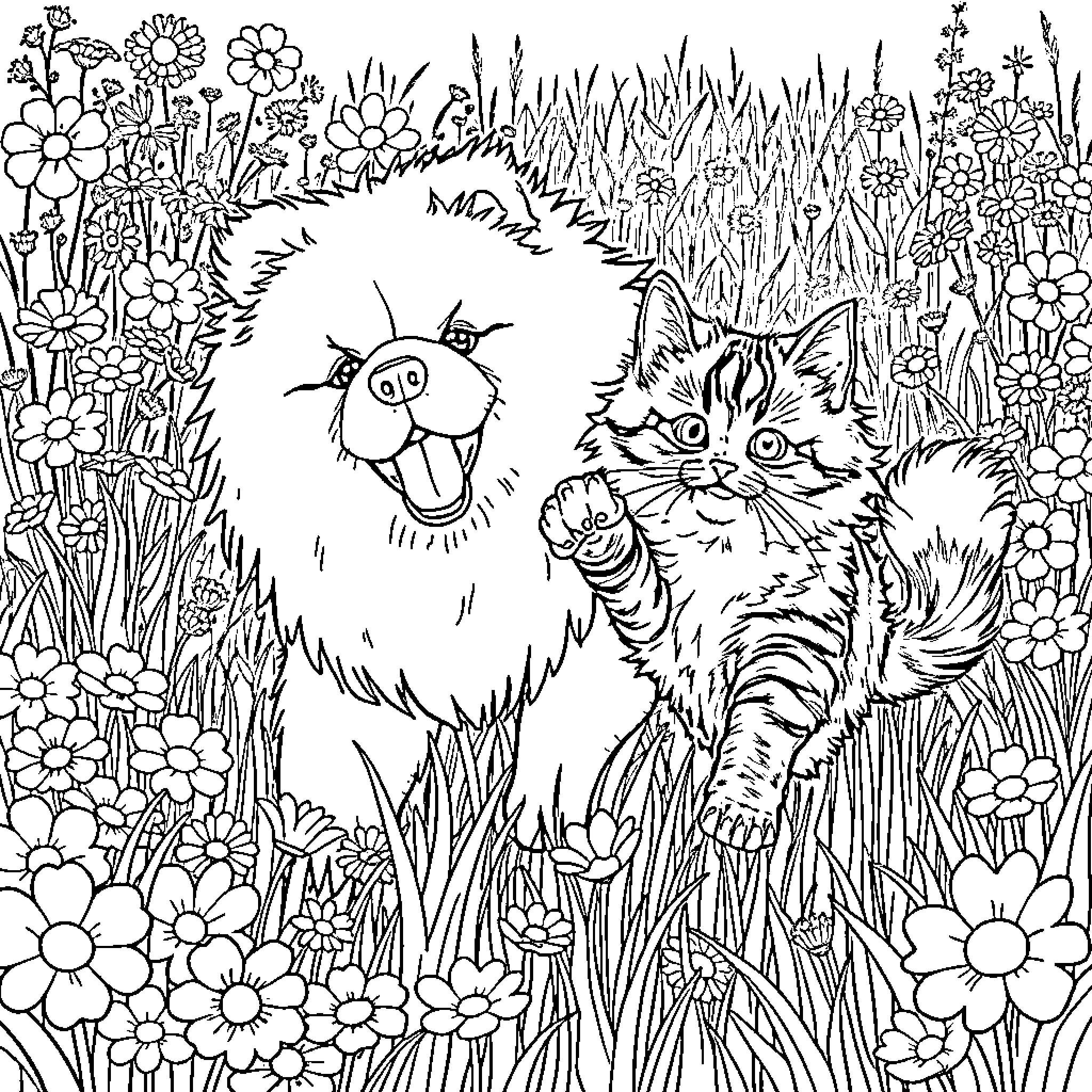 Chow Chow and Kitten Playing in Floral Garden Coloring Page (free black-and-white line drawing printable PDF for all, from beginners to advanced learners, including children, teens, adults, and seniors)