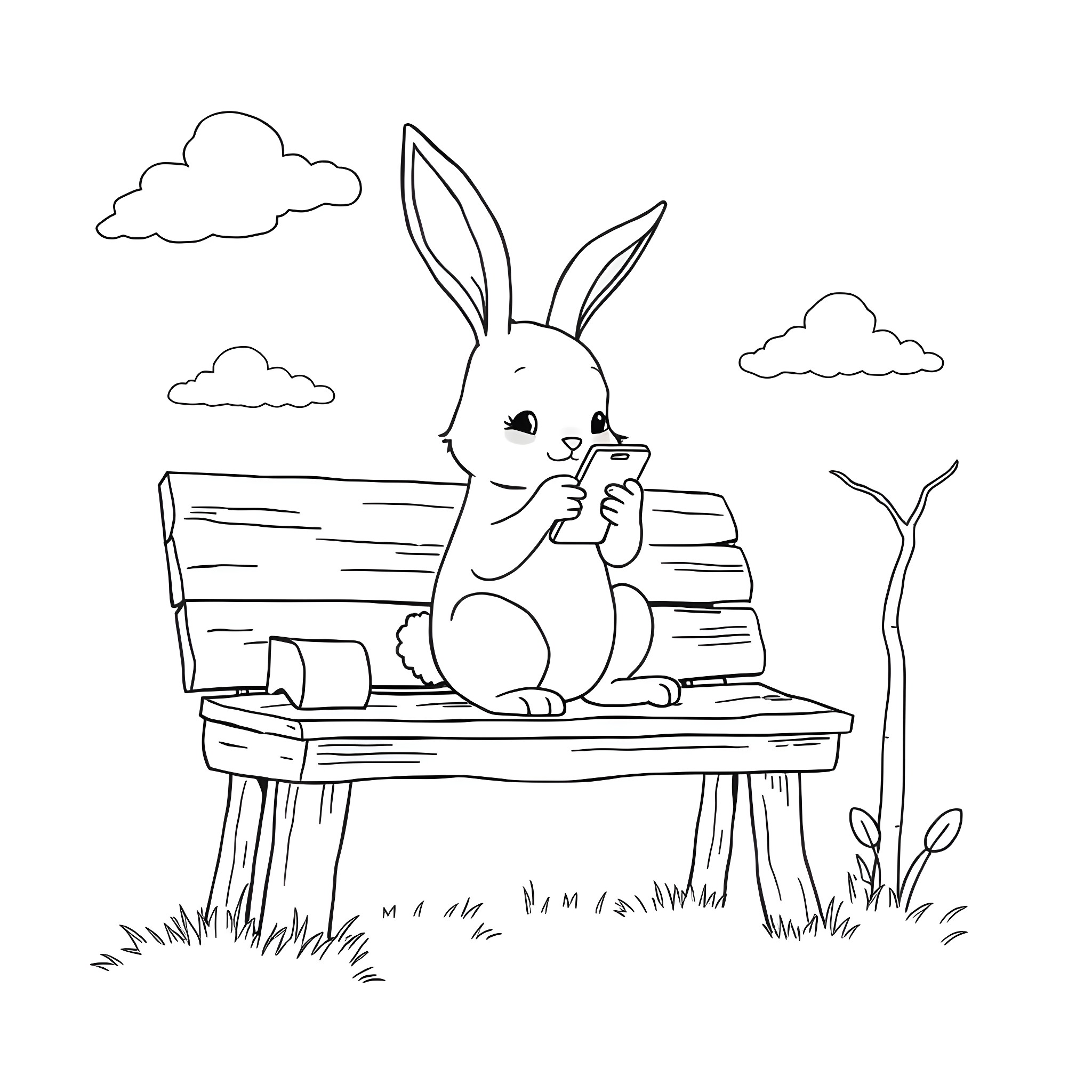 Bunny enjoying a snack on a park bench Coloring Page (free black-and-white line drawing printable PDF for all, from beginners to advanced learners, including children, teens, adults, and seniors)