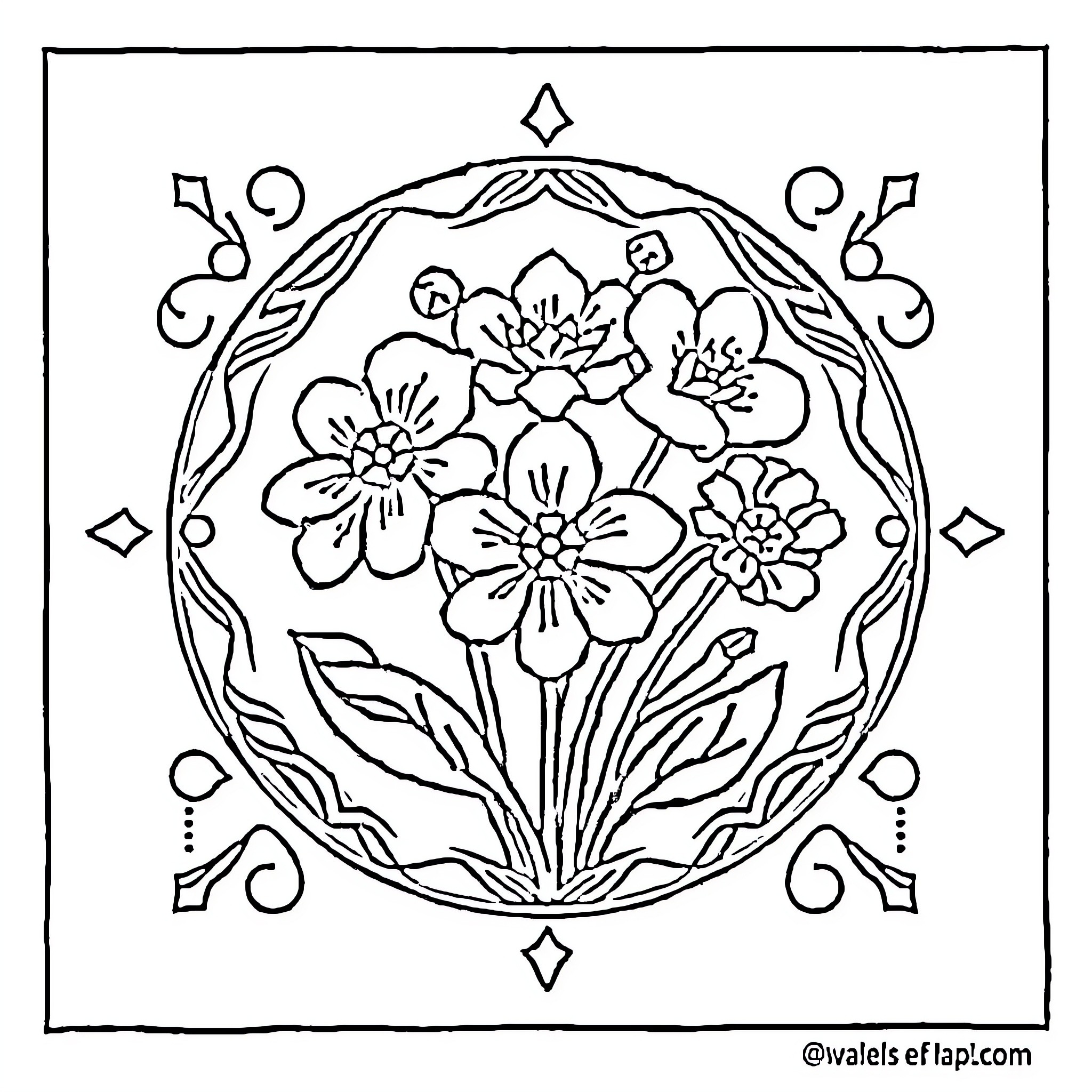Flower bouquet in elegant floral mandala frame Coloring Page (free black-and-white line drawing printable PDF for all, from beginners to advanced learners, including children, teens, adults, and seniors)