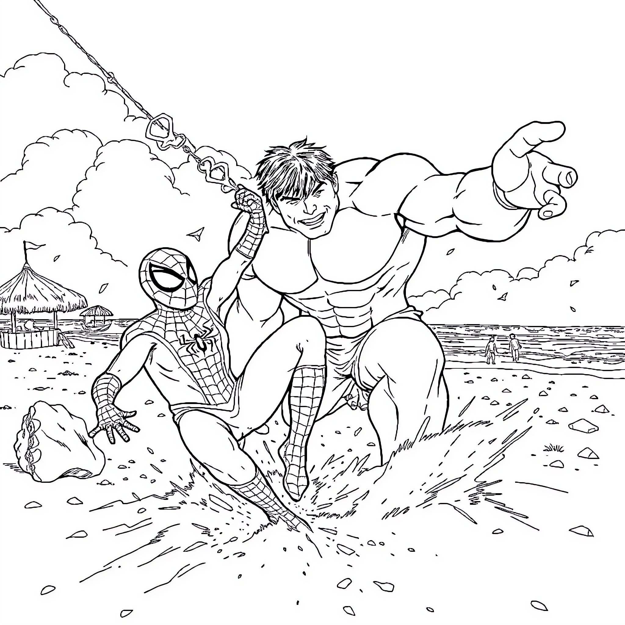 Spiderman and Hulk battling on the beach Coloring Page (free black-and-white line drawing printable PDF for all, from beginners to advanced learners, including children, teens, adults, and seniors)