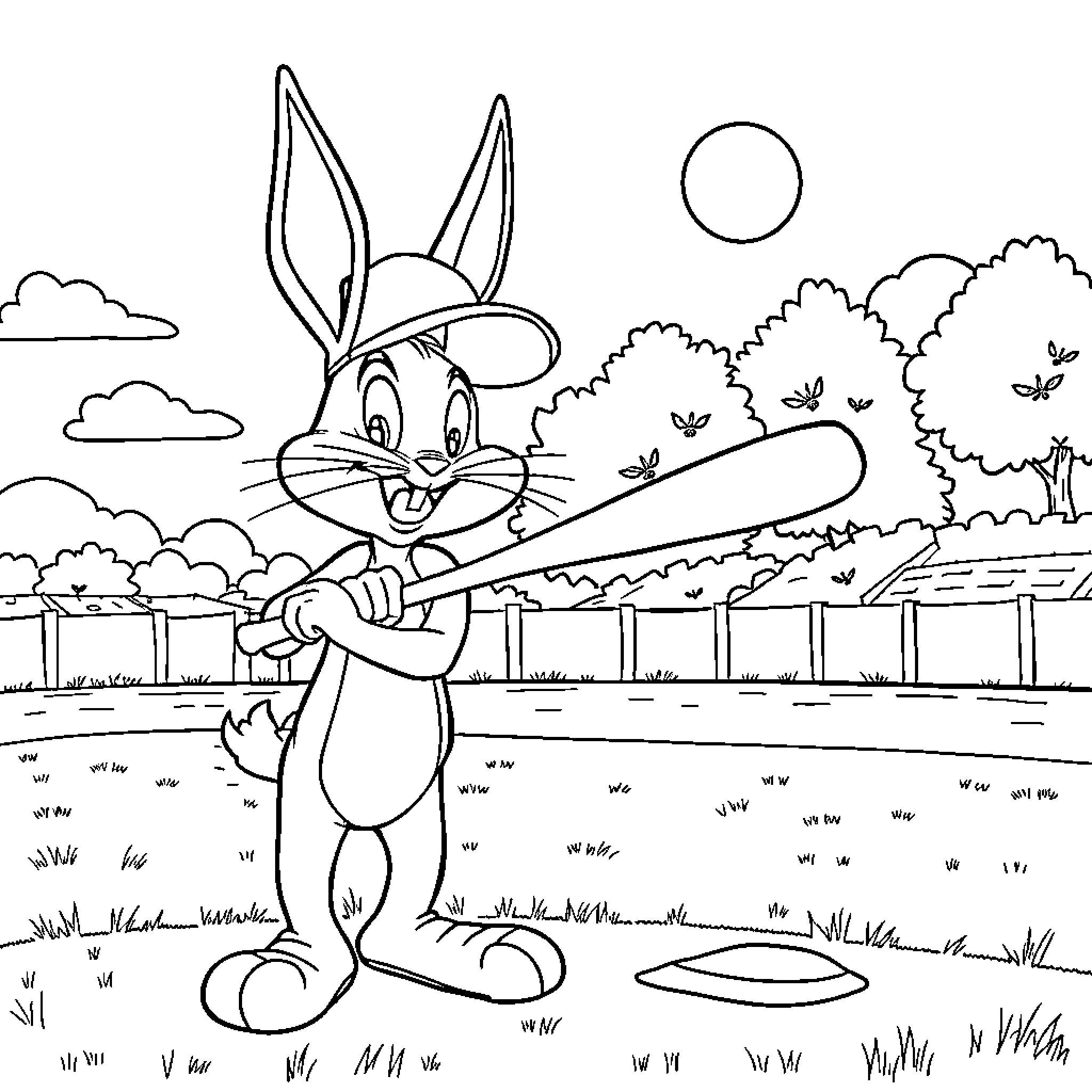 Bugs Bunny playing with a bat in a countryside setting Coloring Page (free black-and-white line drawing printable PDF for all, from beginners to advanced learners, including children, teens, adults, and seniors)