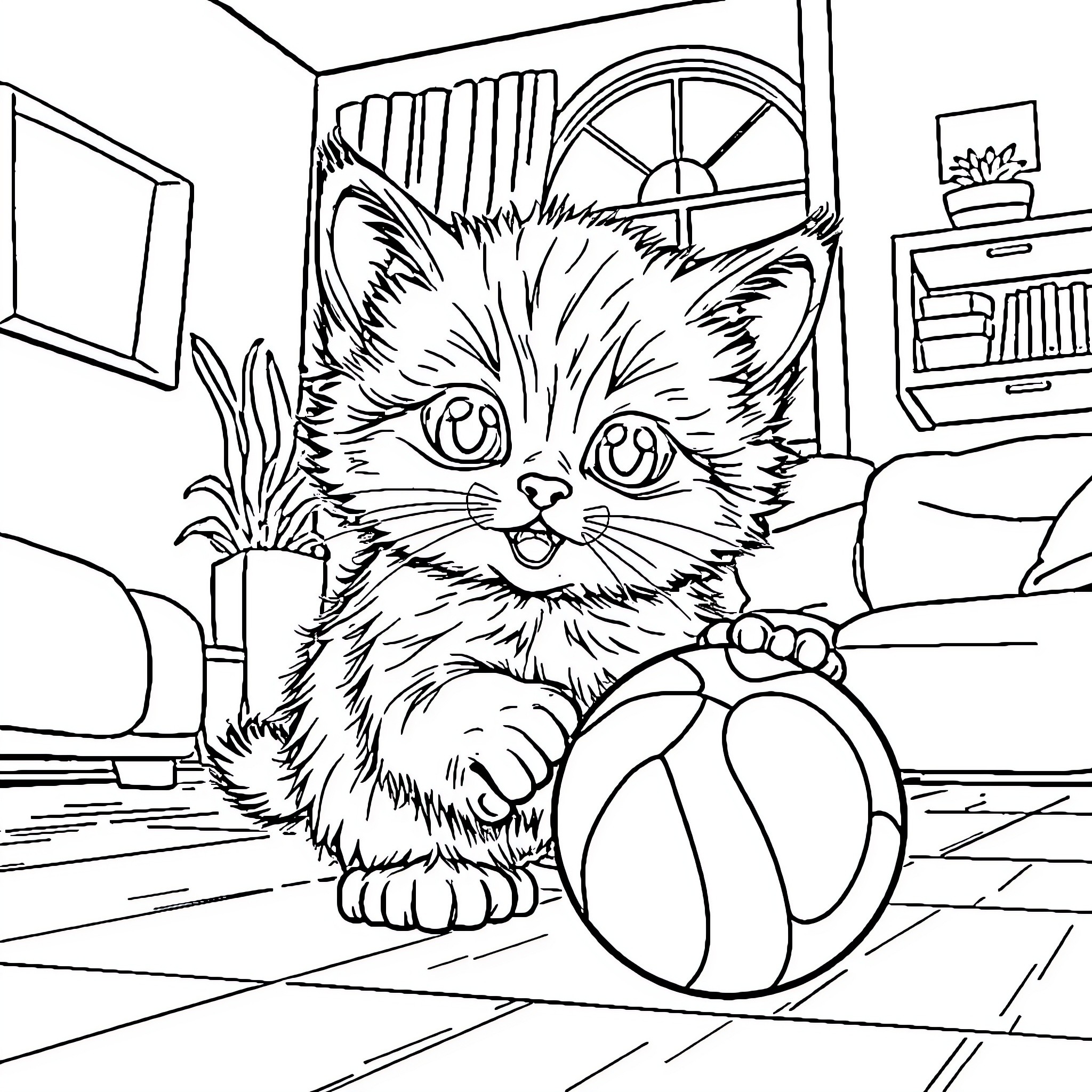 Kitten Playing with Ball in Cozy Room Coloring Page (free black-and-white line drawing printable PDF for all, from beginners to advanced learners, including children, teens, adults, and seniors)
