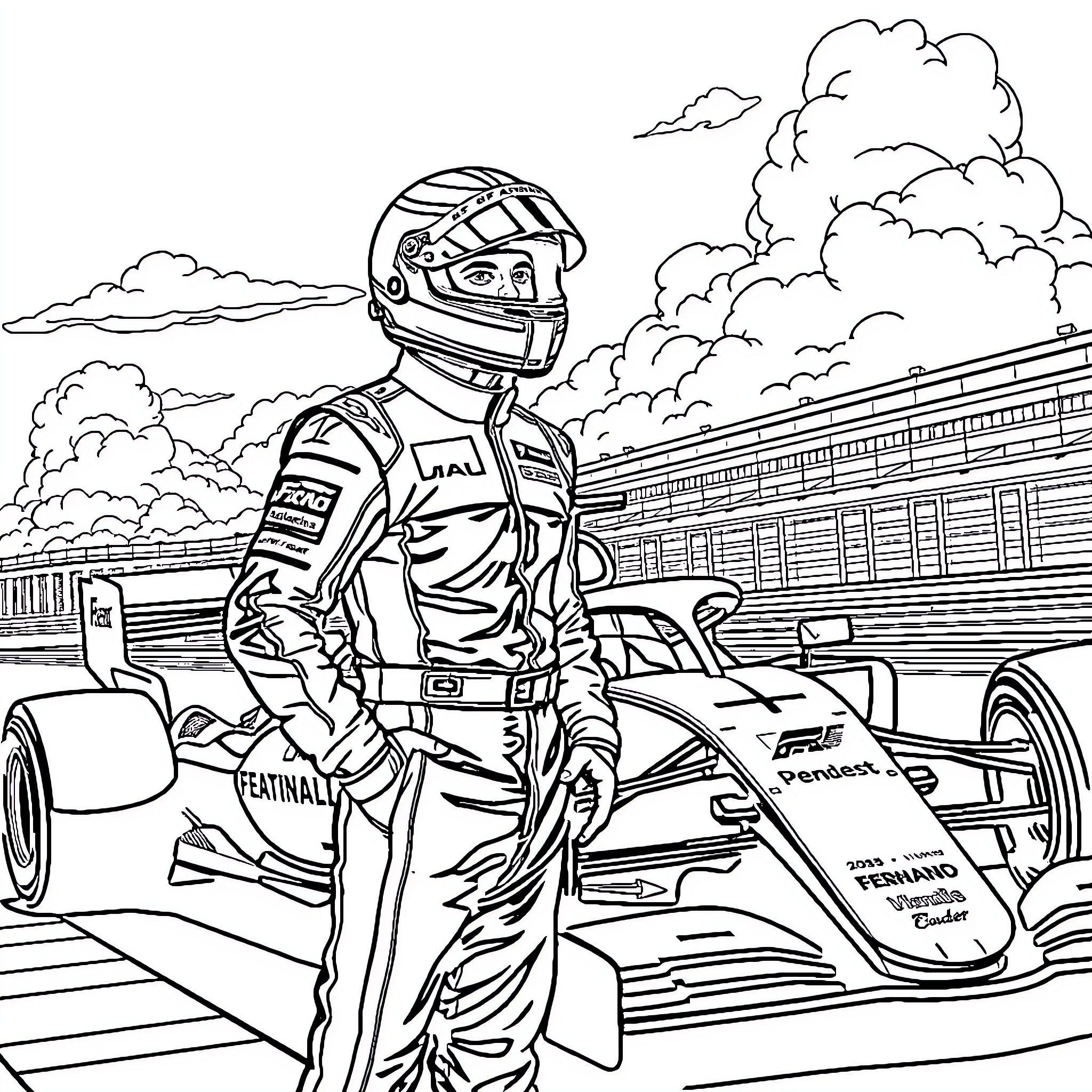 Fernando Alonso Racing in His Formula Car Coloring Page (free black-and-white line drawing printable PDF for all, from beginners to advanced learners, including children, teens, adults, and seniors)