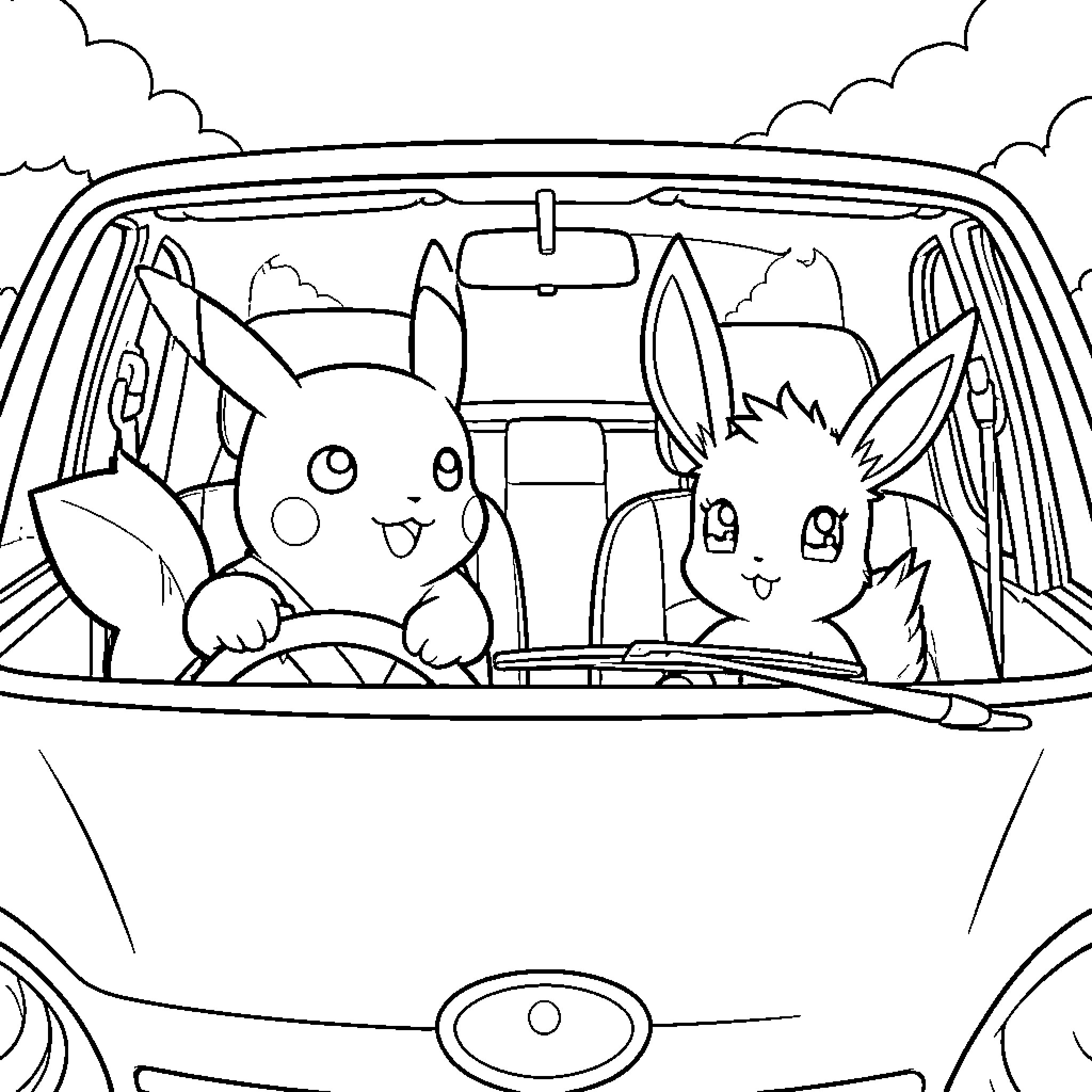 Pikachu driving a car with Eevee as a passenger Coloring Page (free black-and-white line drawing printable PDF for all, from beginners to advanced learners, including children, teens, adults, and seniors)