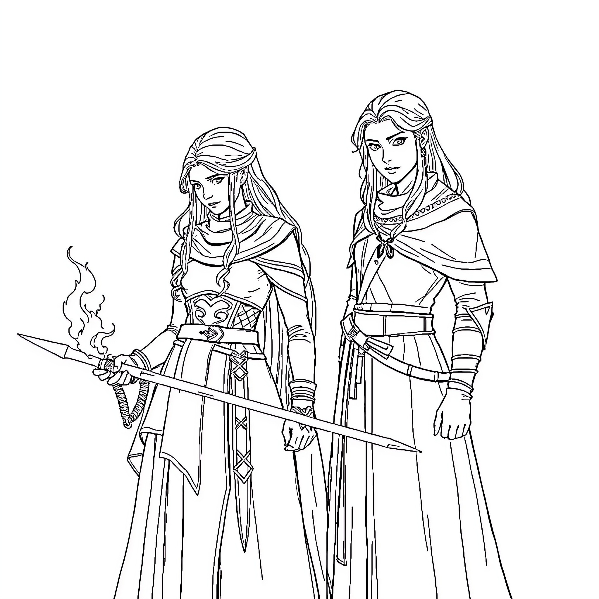 Aelin Warrior Princesses Wielding Swords Coloring Page (free black-and-white line drawing printable PDF for all, from beginners to advanced learners, including children, teens, adults, and seniors)