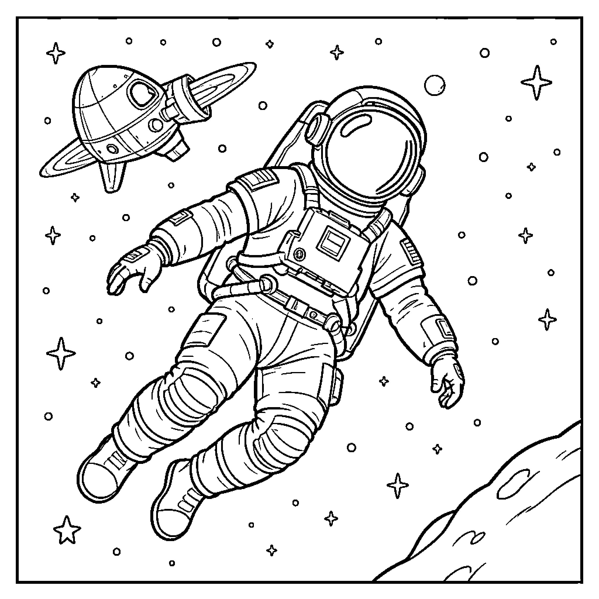 Astronaut exploring the vastness of space Coloring Page (free black-and-white line drawing printable PDF for all, from beginners to advanced learners, including children, teens, adults, and seniors)