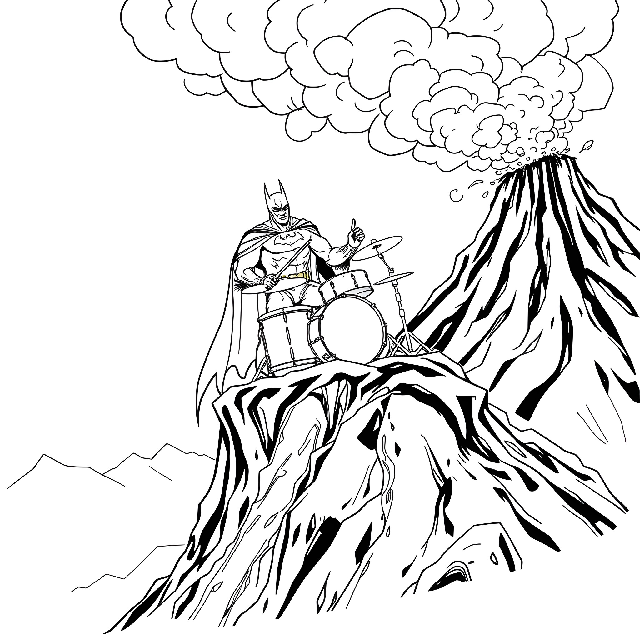 Batman Rocks Out Amidst Volcanic Eruption Coloring Page (free black-and-white line drawing printable PDF for all, from beginners to advanced learners, including children, teens, adults, and seniors)