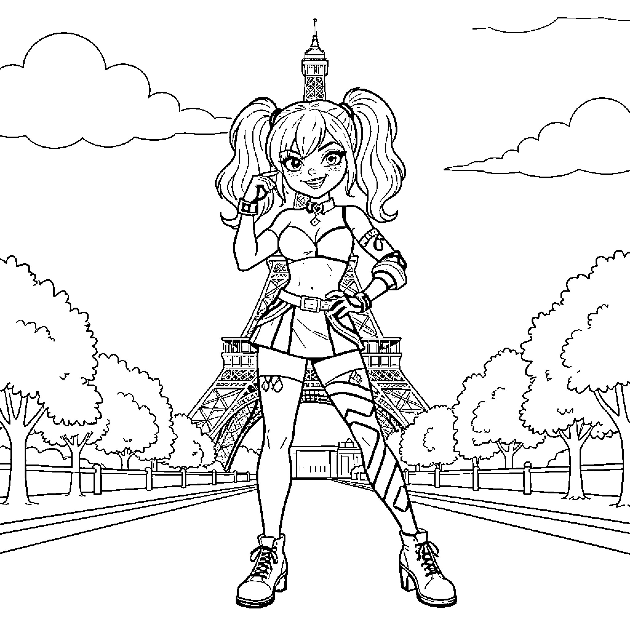 Harley Quinn posing confidently in front of the Eiffel Tower Coloring Page (free black-and-white line drawing printable PDF for all, from beginners to advanced learners, including children, teens, adults, and seniors)