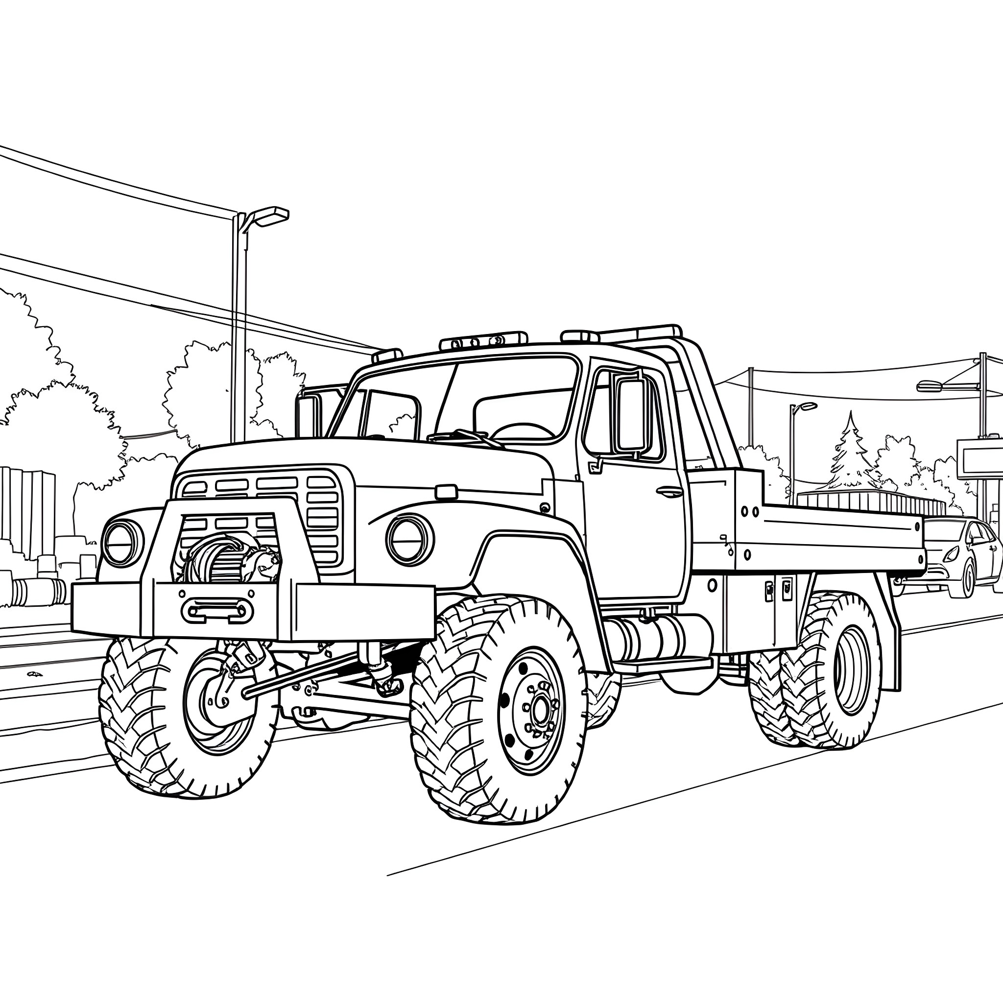 Wrecker truck working on city street Coloring Page (free black-and-white line drawing printable PDF for all, from beginners to advanced learners, including children, teens, adults, and seniors)