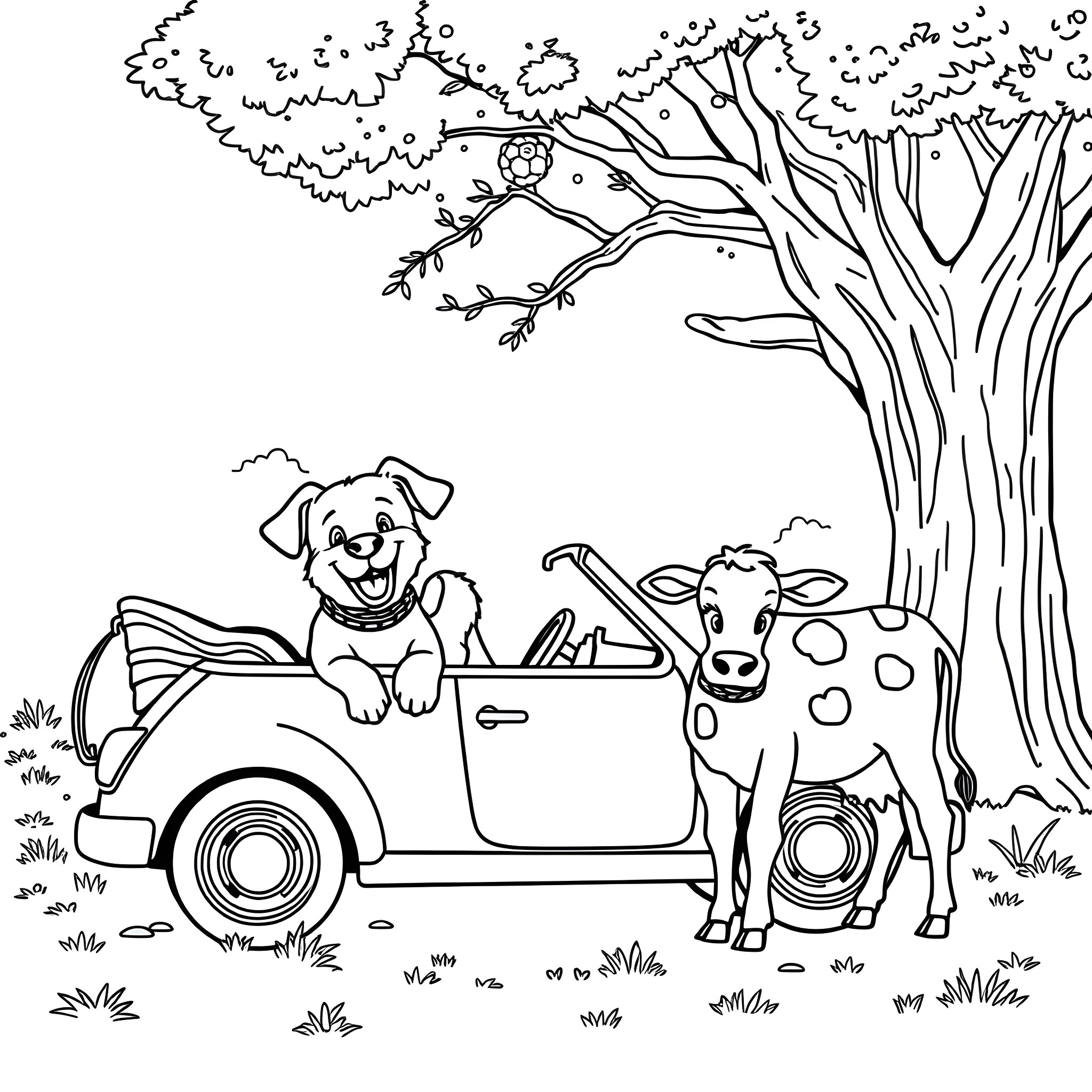 Car Carrying Animals in Nature Coloring Page (free black-and-white line drawing printable PDF for all, from beginners to advanced learners, including children, teens, adults, and seniors)