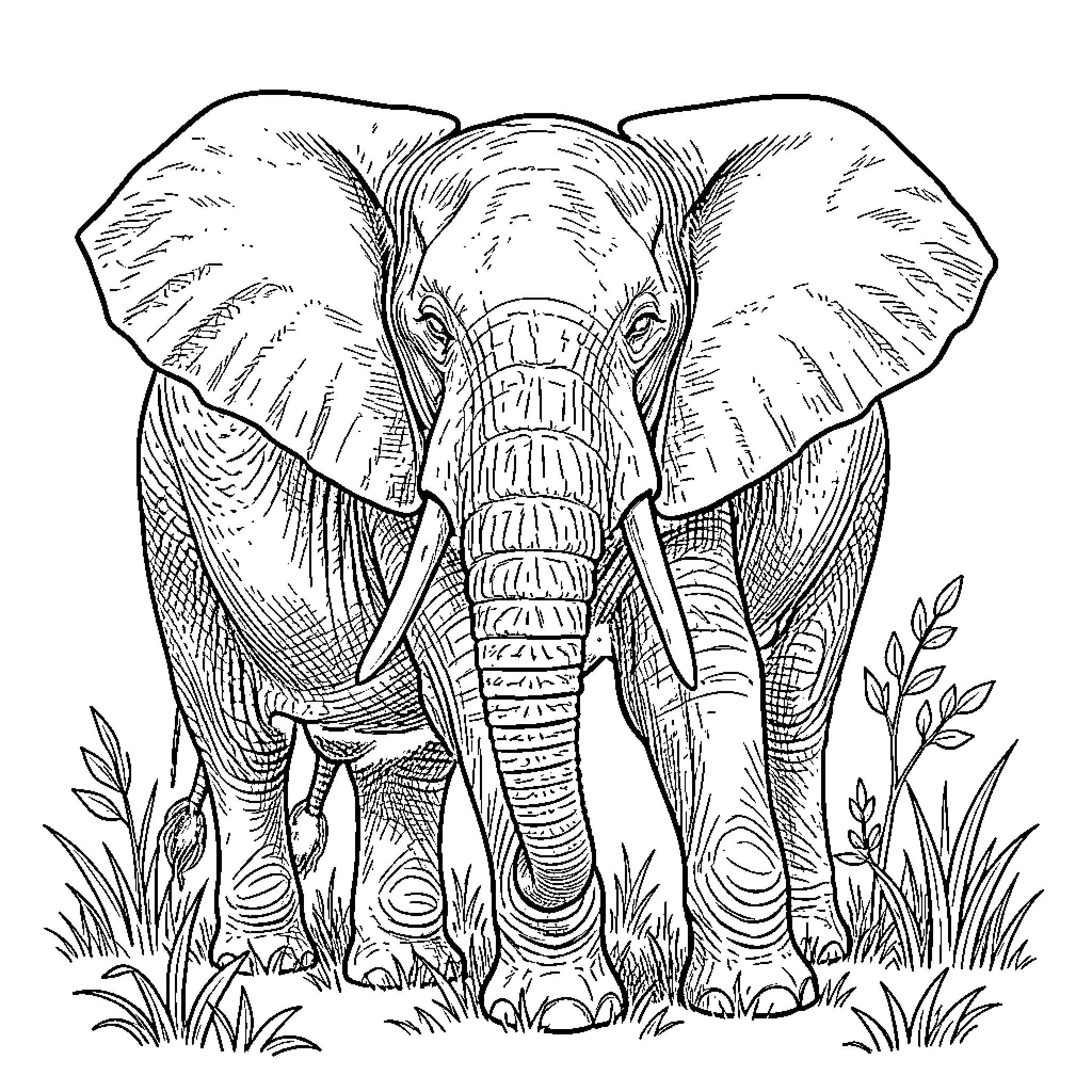 Elephant standing in tall grass Coloring Page (free black-and-white line drawing printable PDF for all, from beginners to advanced learners, including children, teens, adults, and seniors)