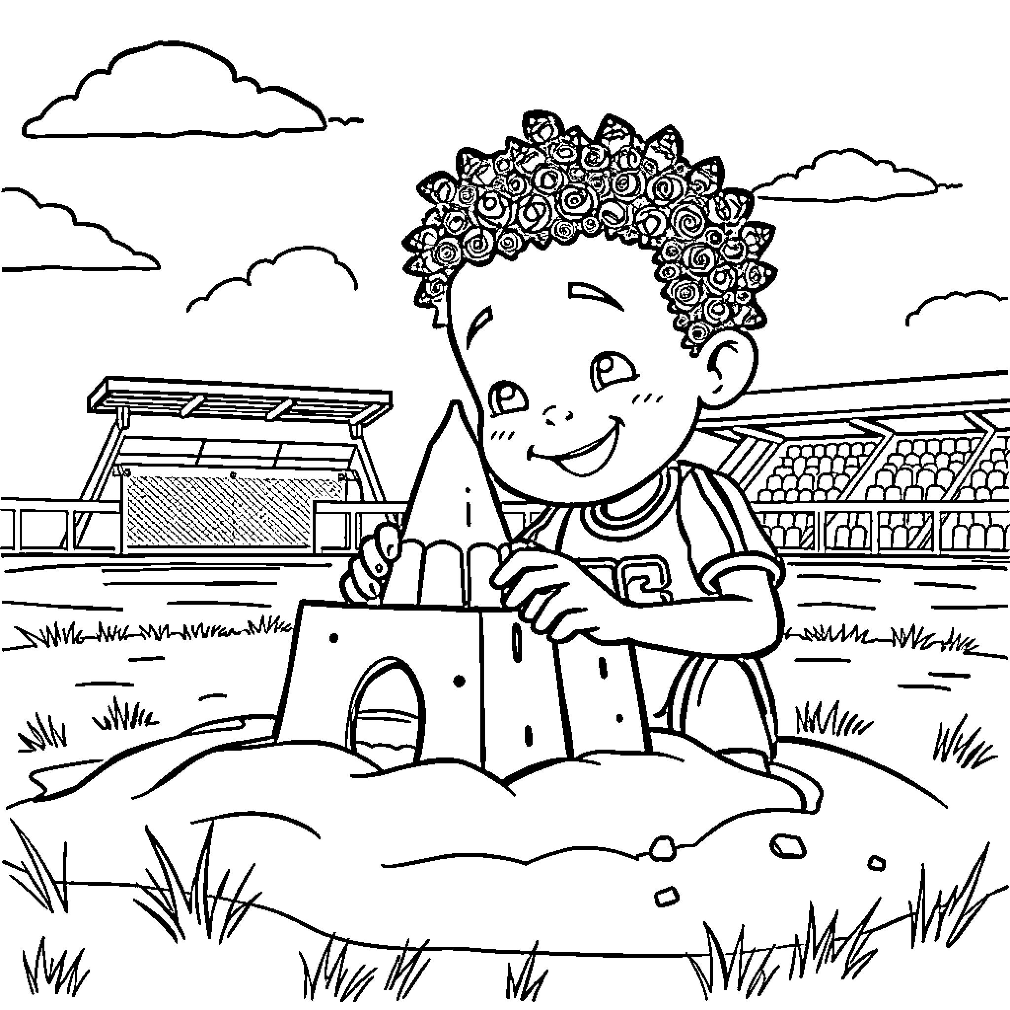 Sam Nombe's Imaginative Sandcastle Building Adventure Coloring Page (free black-and-white line drawing printable PDF for all, from beginners to advanced learners, including children, teens, adults, and seniors)