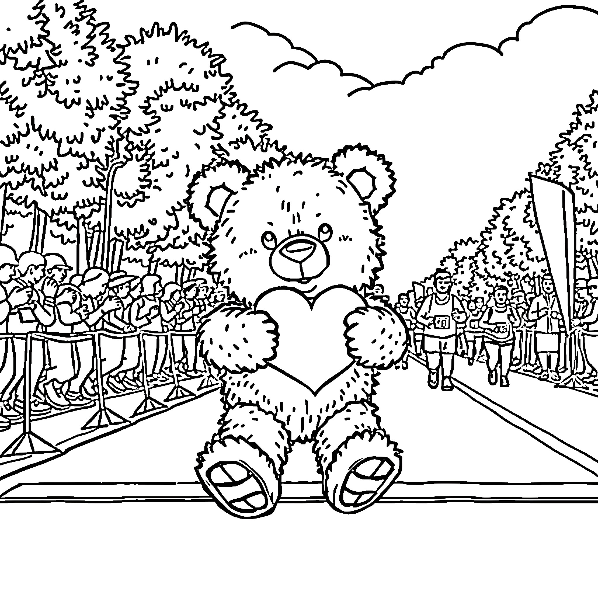 Teddy Bear Enjoying the Parade Coloring Page (free black-and-white line drawing printable PDF for all, from beginners to advanced learners, including children, teens, adults, and seniors)