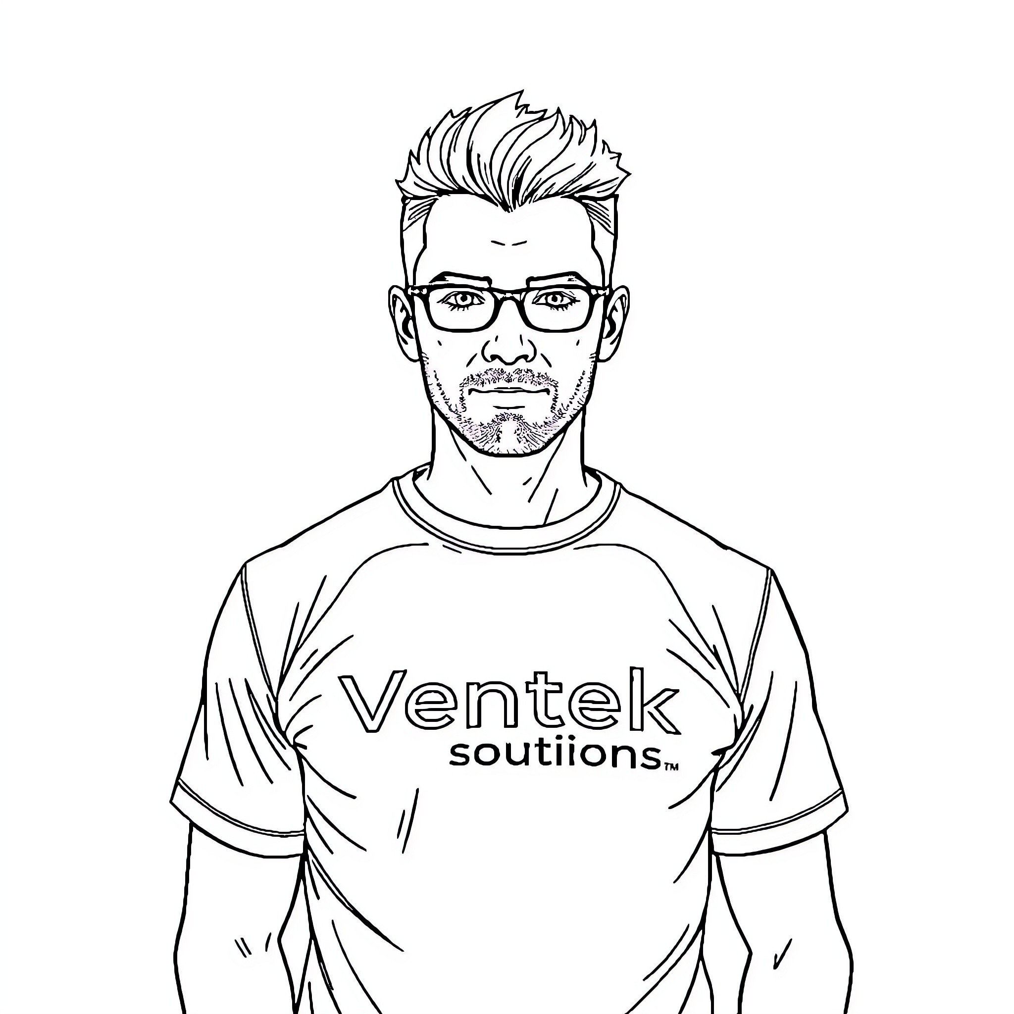 Hombre with glasses and a Ventek solutions t-shirt Coloring Page (free black-and-white line drawing printable PDF for all, from beginners to advanced learners, including children, teens, adults, and seniors)