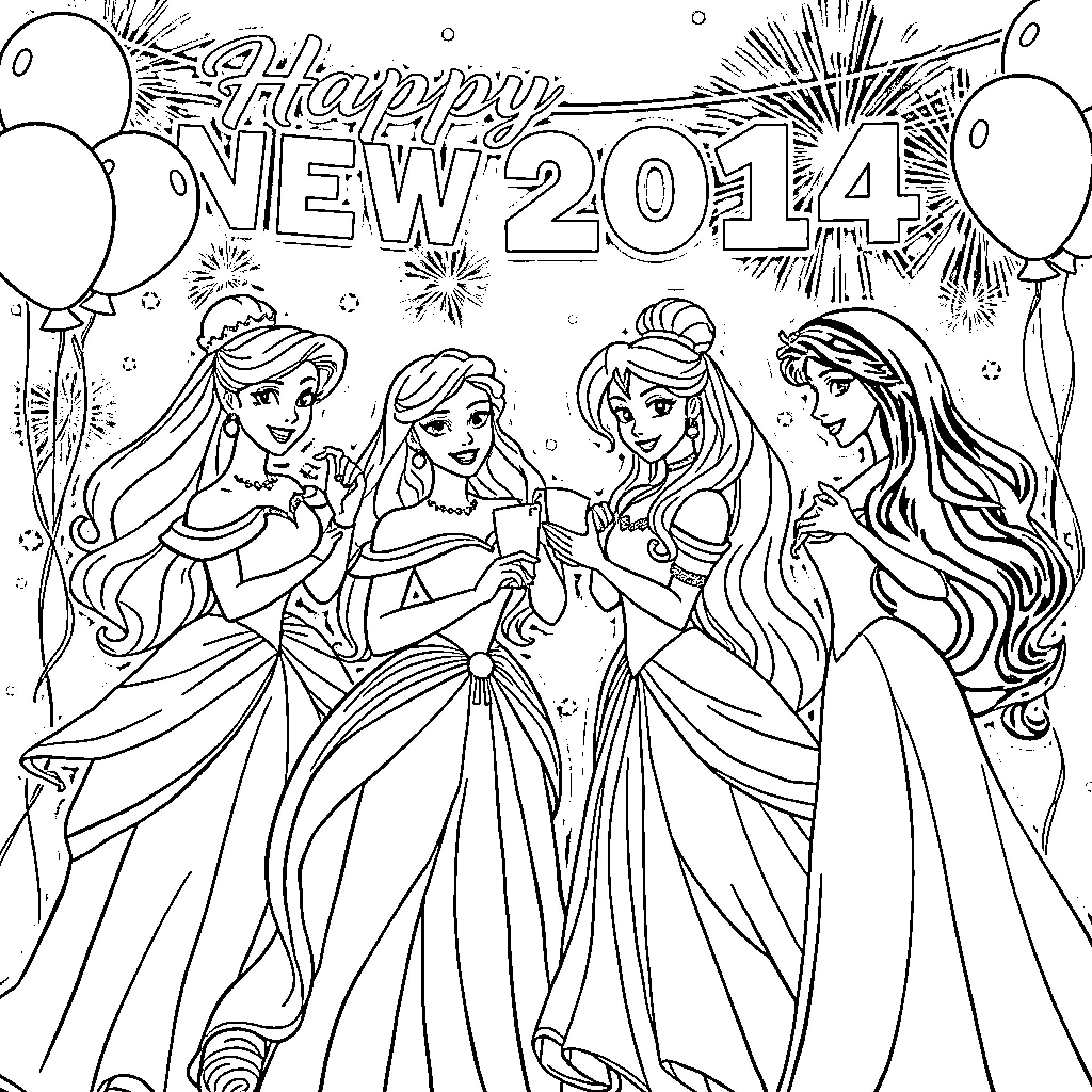 Disney Princesses Celebrating New Year's Eve Coloring Page (free black-and-white line drawing printable PDF for all, from beginners to advanced learners, including children, teens, adults, and seniors)
