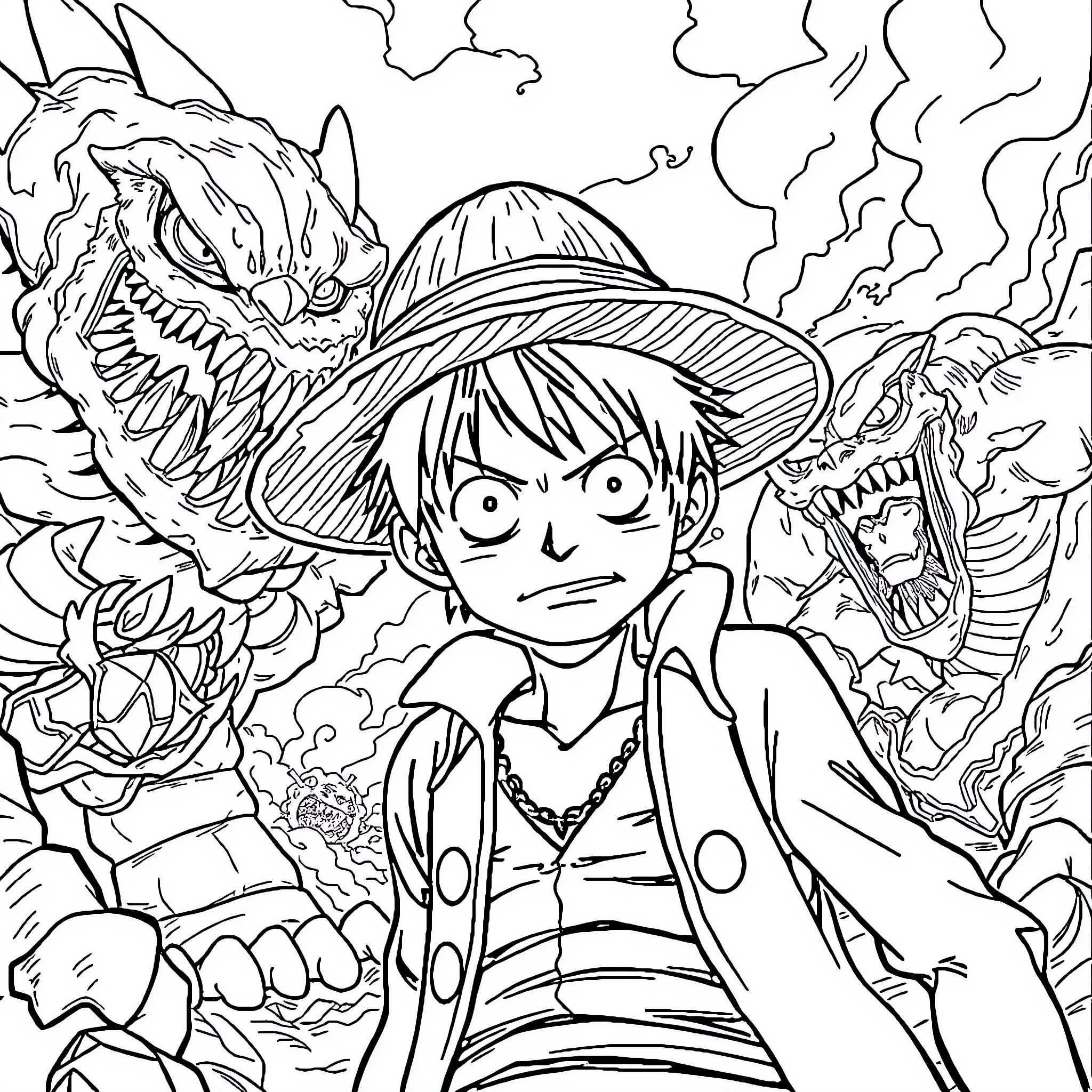 Luffy Facing Ferocious Sea Monsters in Stormy Adventure Coloring Page (free black-and-white line drawing printable PDF for all, from beginners to advanced learners, including children, teens, adults, and seniors)