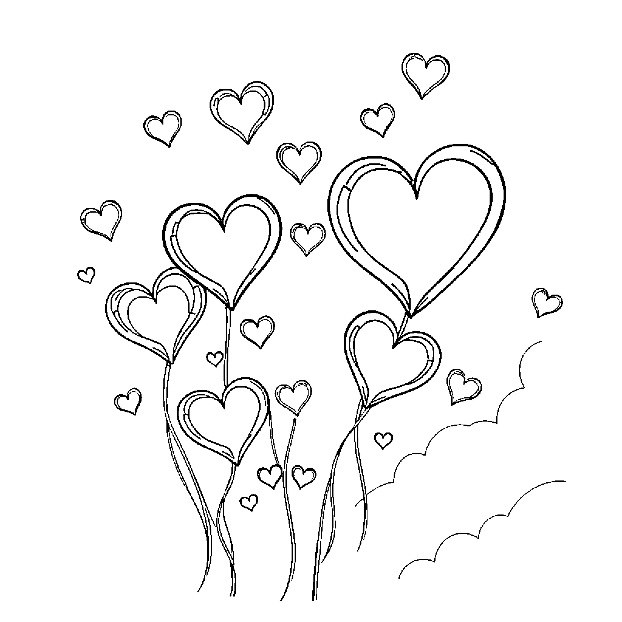 Heart-shaped Balloons Soaring in the Sky Coloring Page (free black-and-white line drawing printable PDF for all, from beginners to advanced learners, including children, teens, adults, and seniors)