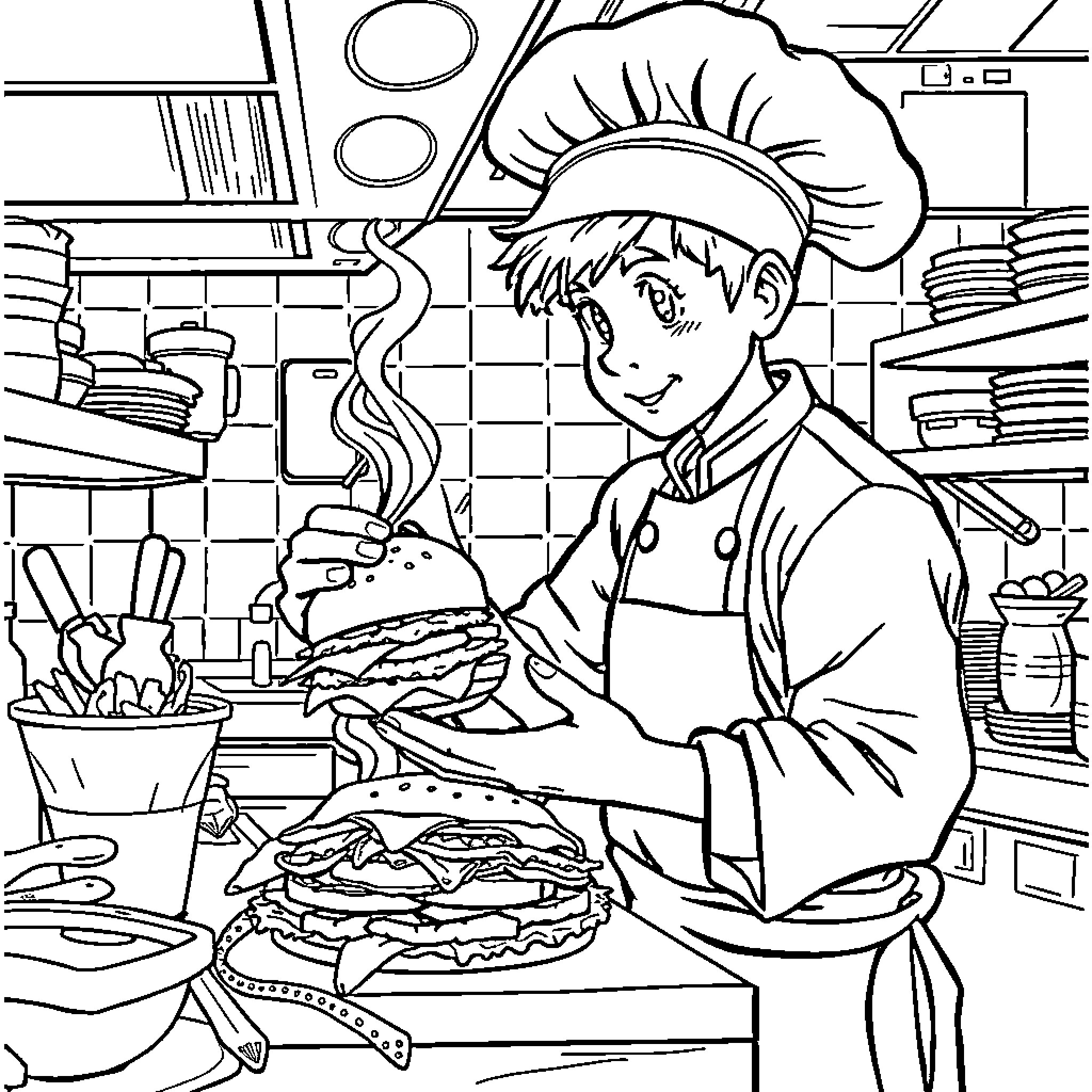 Chef Preparing Delicious Meals in the Kitchen Coloring Page (free black-and-white line drawing printable PDF for all, from beginners to advanced learners, including children, teens, adults, and seniors)