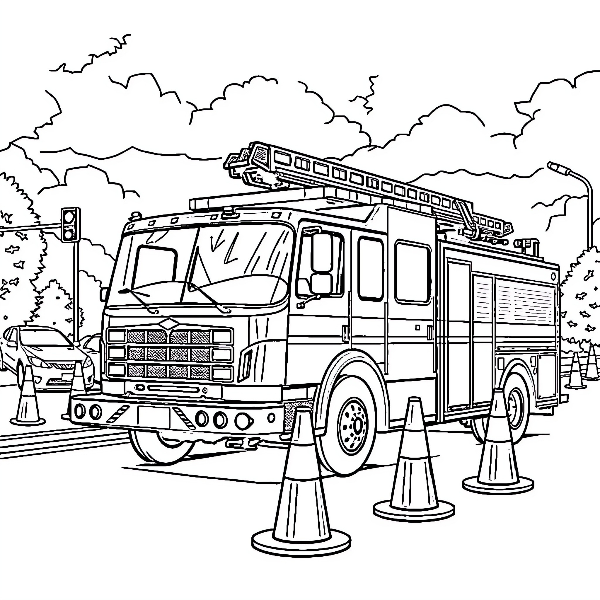 Firetruck responding to emergency call on the road Coloring Page (free black-and-white line drawing printable PDF for all, from beginners to advanced learners, including children, teens, adults, and seniors)