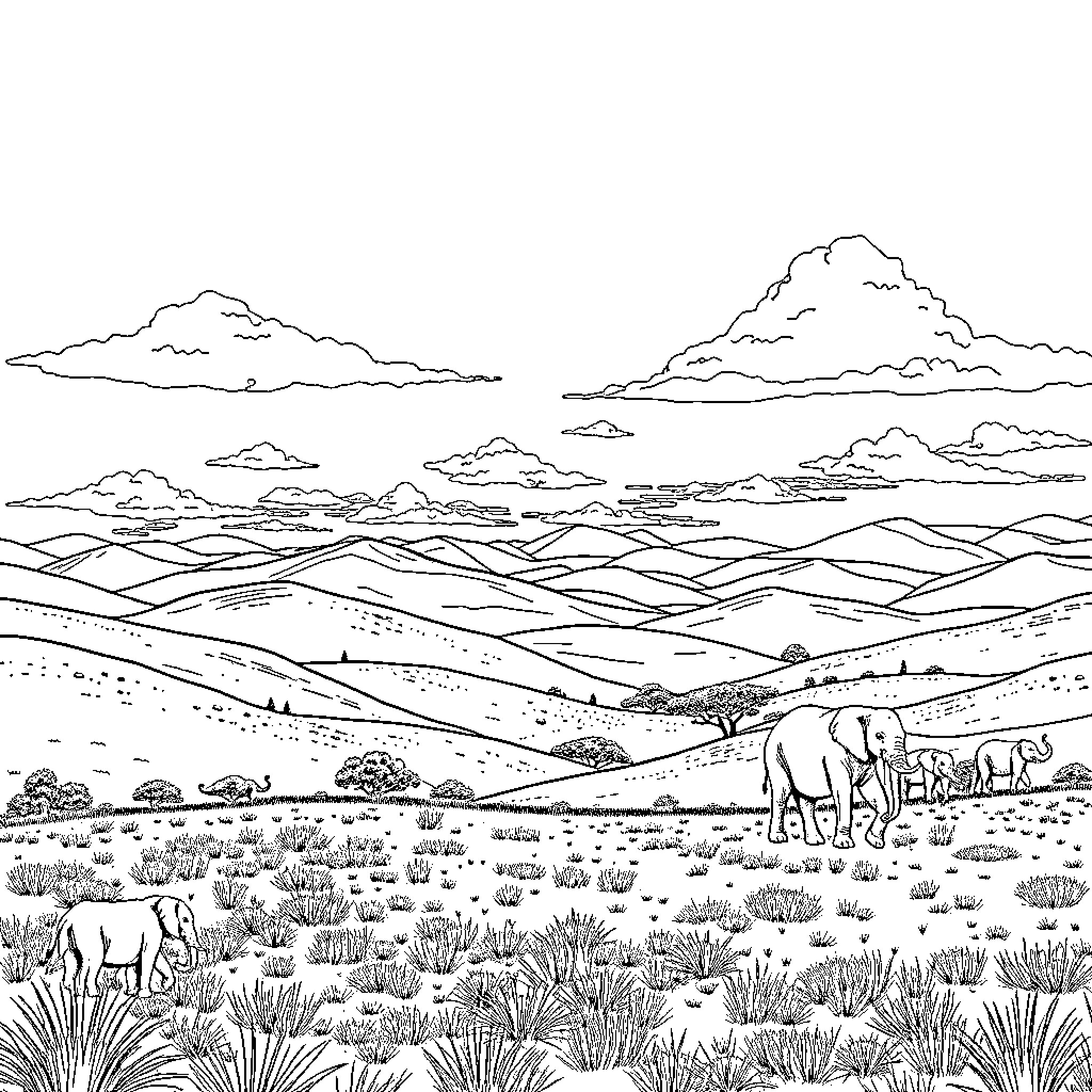 Elephants grazing peacefully in the countryside Coloring Page (free black-and-white line drawing printable PDF for all, from beginners to advanced learners, including children, teens, adults, and seniors)