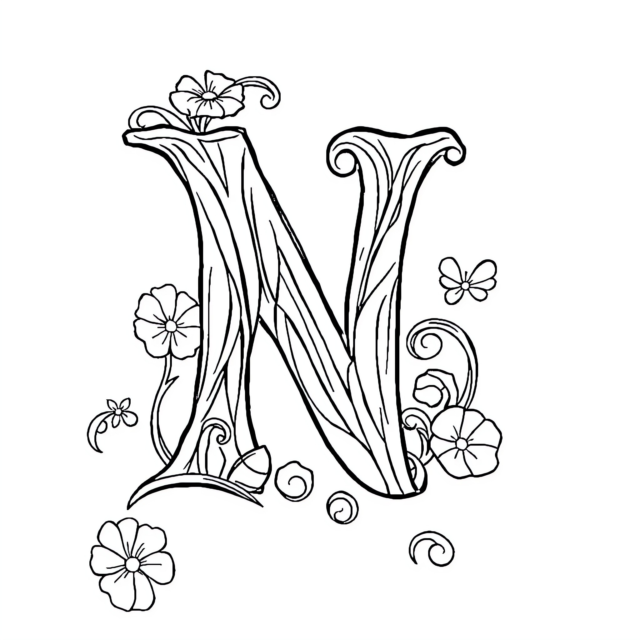 Nfanciful floral letter N with blooming flowers Coloring Page (free black-and-white line drawing printable PDF for all, from beginners to advanced learners, including children, teens, adults, and seniors)