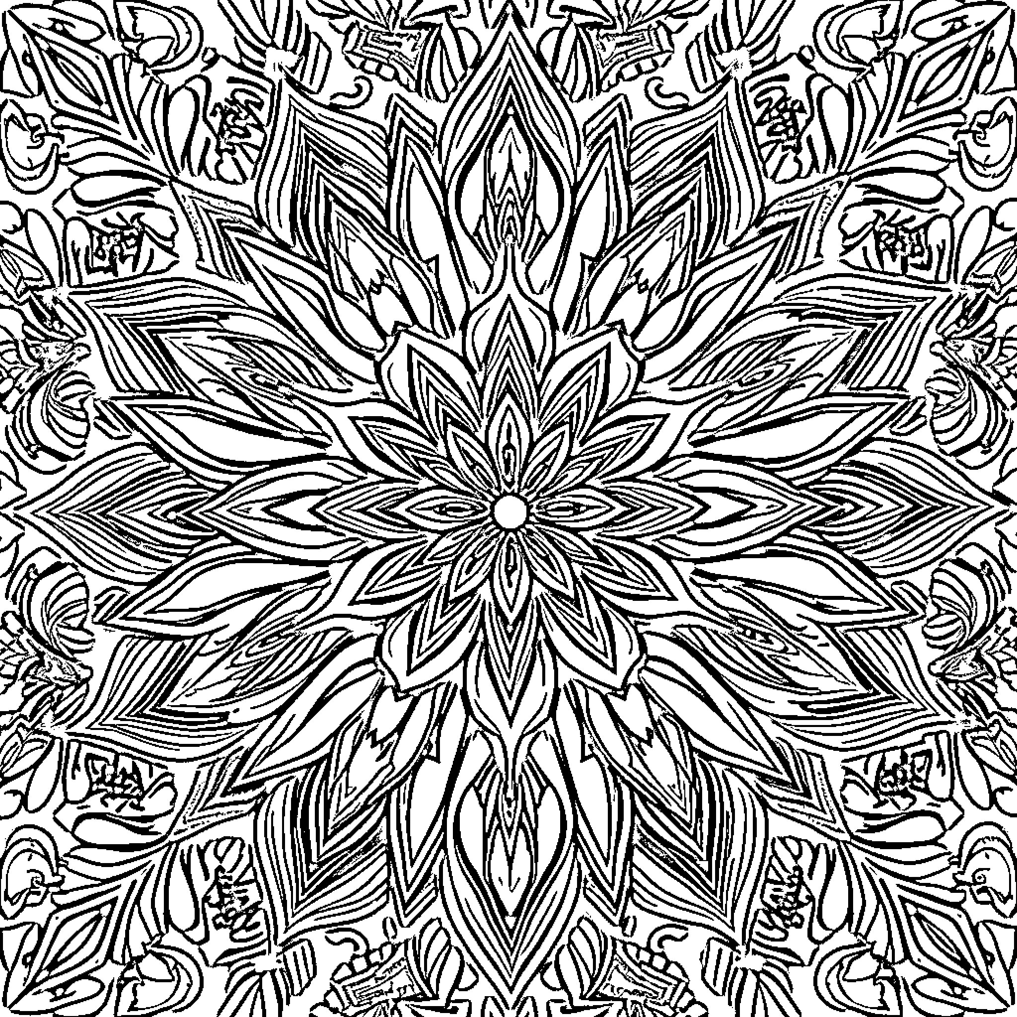 Flower Mandala Pattern with Intricate Designs Coloring Page (free black-and-white line drawing printable PDF for all, from beginners to advanced learners, including children, teens, adults, and seniors)