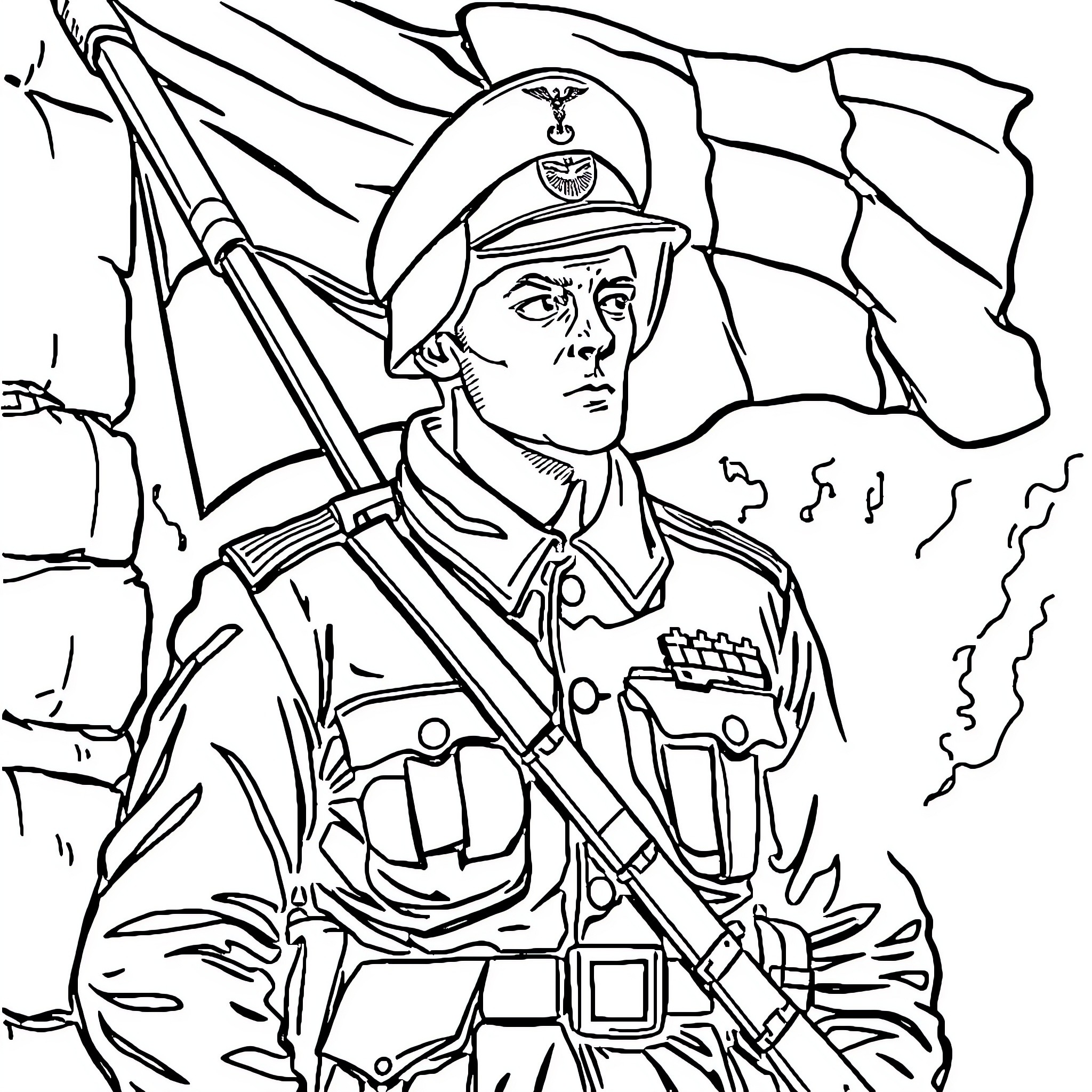 Résistant soldier standing in front of waving flags Coloring Page (free black-and-white line drawing printable PDF for all, from beginners to advanced learners, including children, teens, adults, and seniors)