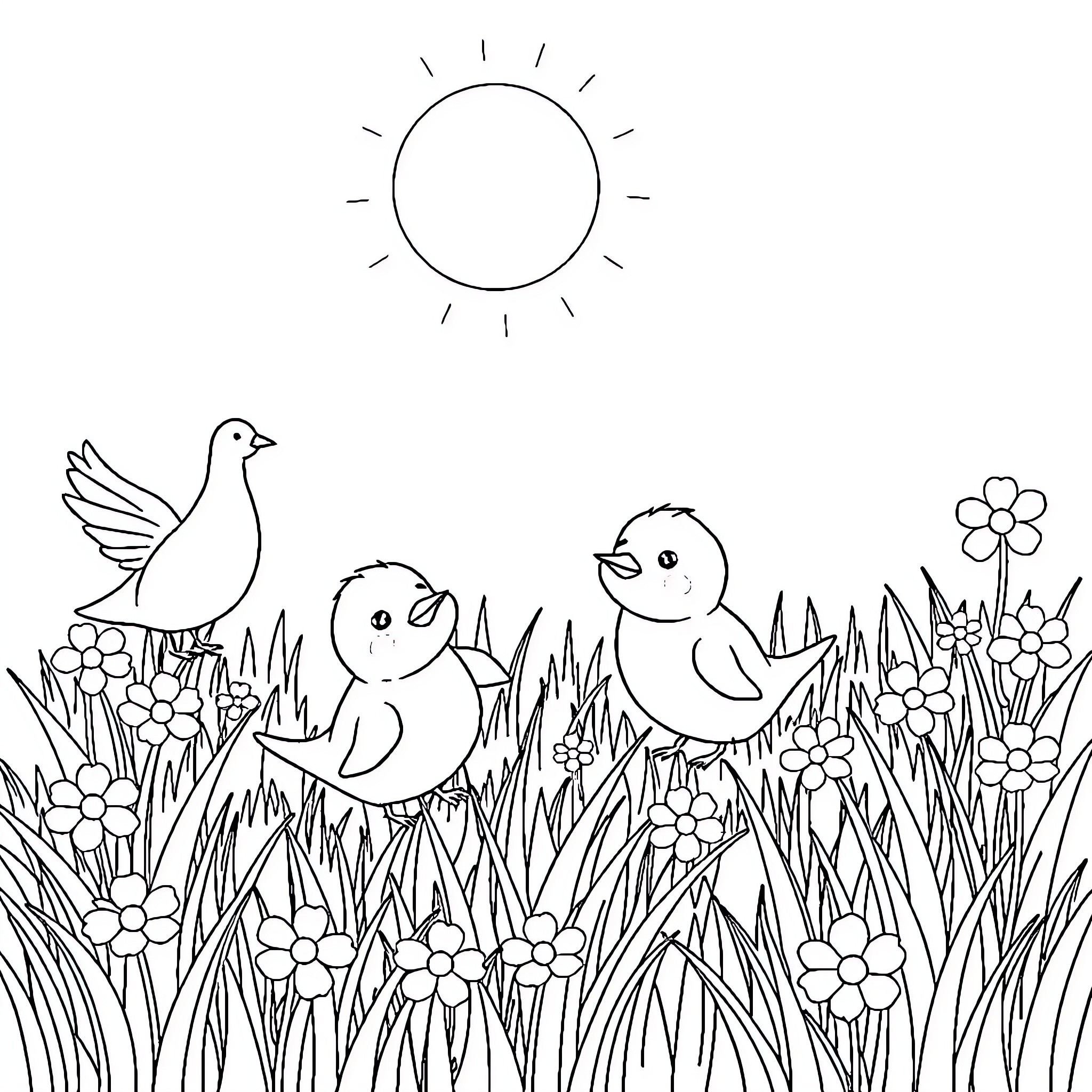 Meerschweinchen playing in a flower-filled meadow Coloring Page (free black-and-white line drawing printable PDF for all, from beginners to advanced learners, including children, teens, adults, and seniors)