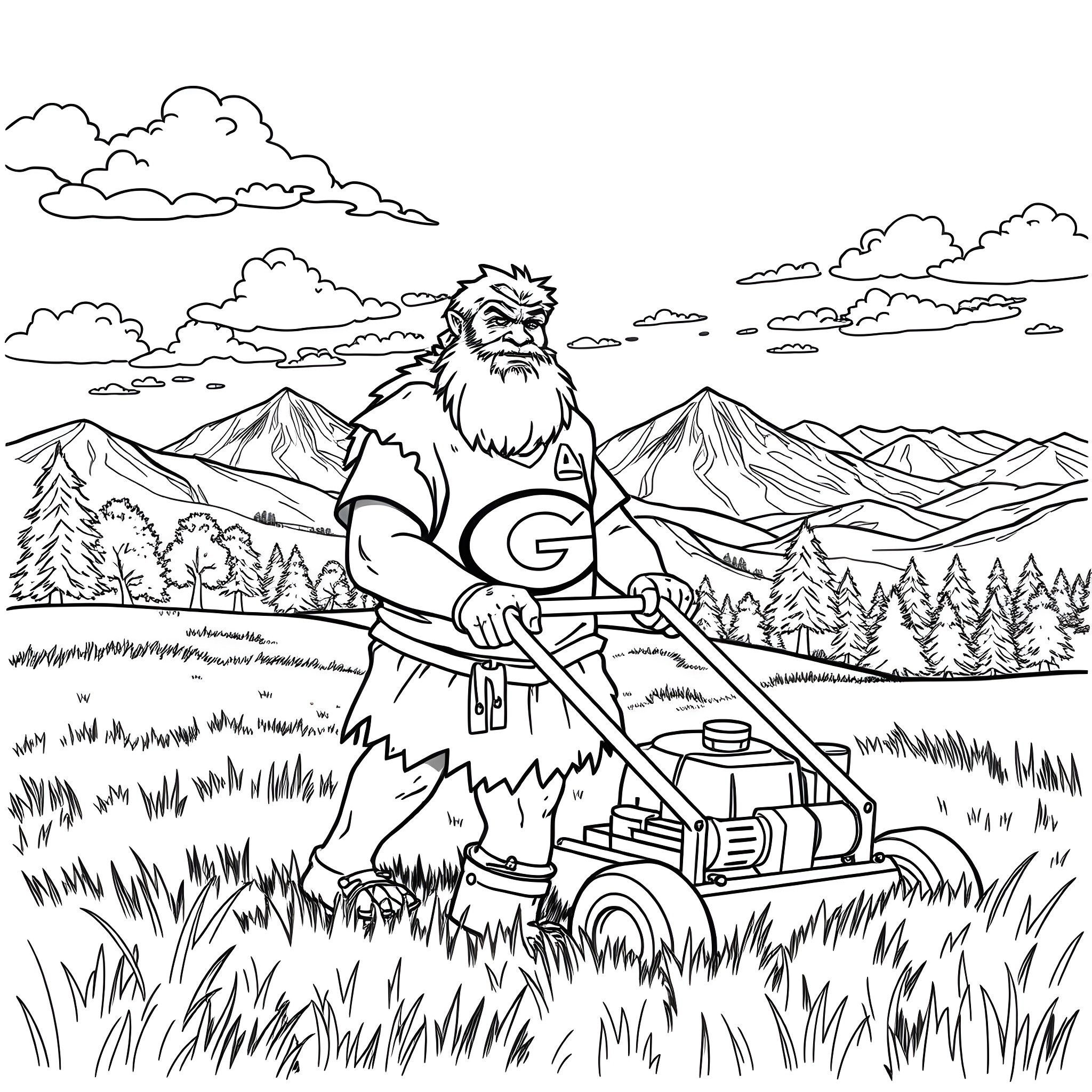 Cave Man Operating Lawn Mower in Mountainous Landscape Coloring Page (free black-and-white line drawing printable PDF for all, from beginners to advanced learners, including children, teens, adults, and seniors)