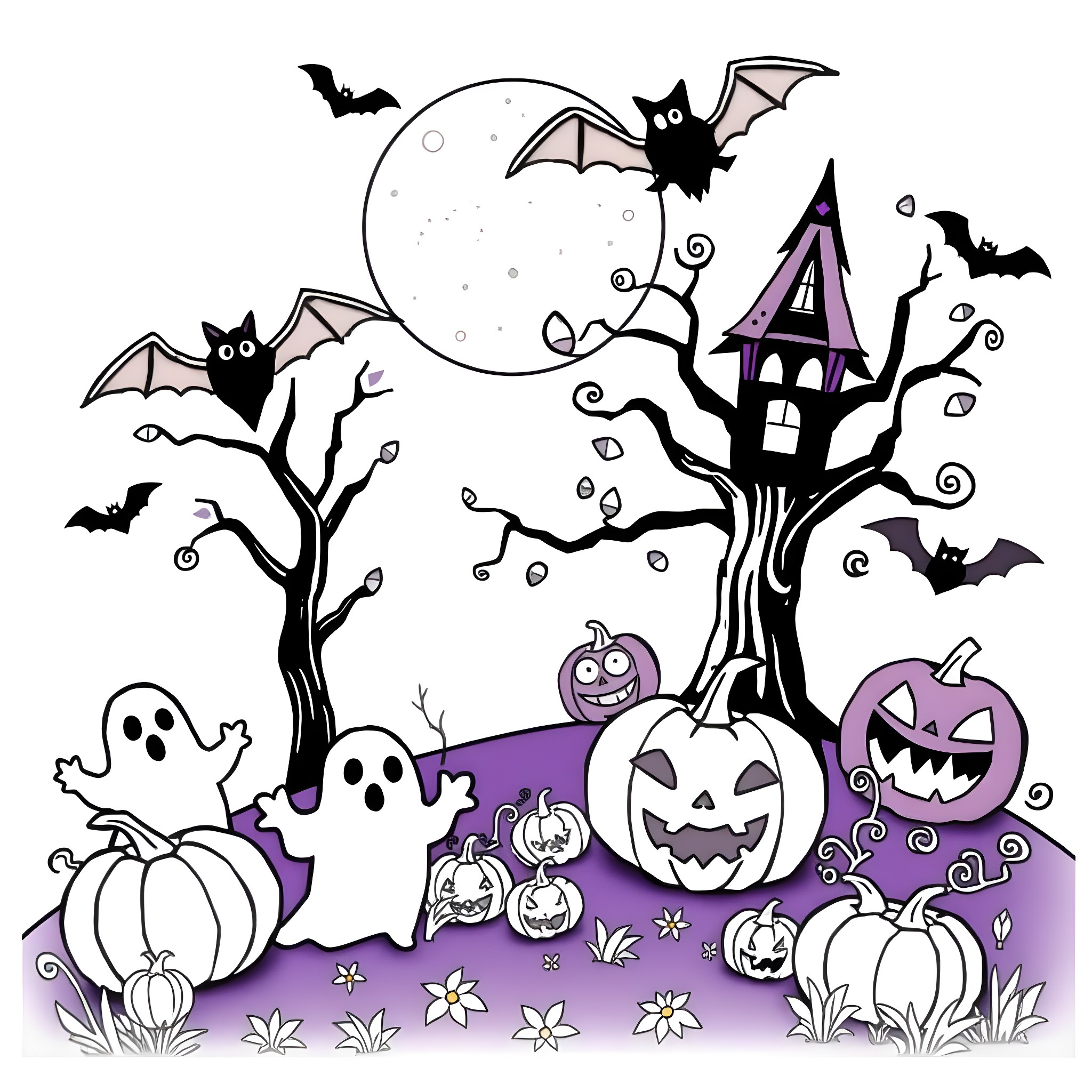 Halloween night with spooky characters and haunted house Coloring Page (free black-and-white line drawing printable PDF for all, from beginners to advanced learners, including children, teens, adults, and seniors)