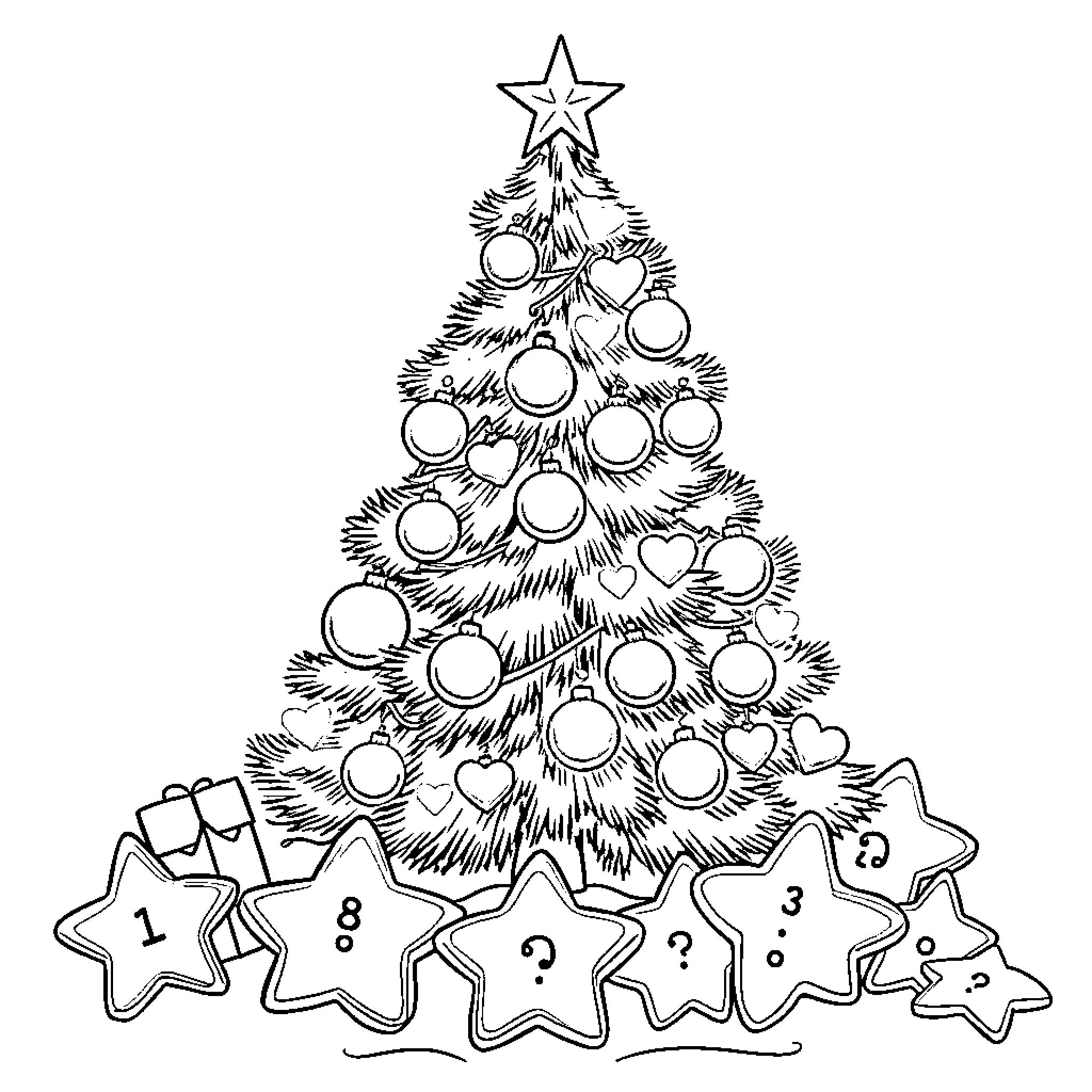 Christmas Tree with Ornaments and Stars Coloring Page (free black-and-white line drawing printable PDF for all, from beginners to advanced learners, including children, teens, adults, and seniors)