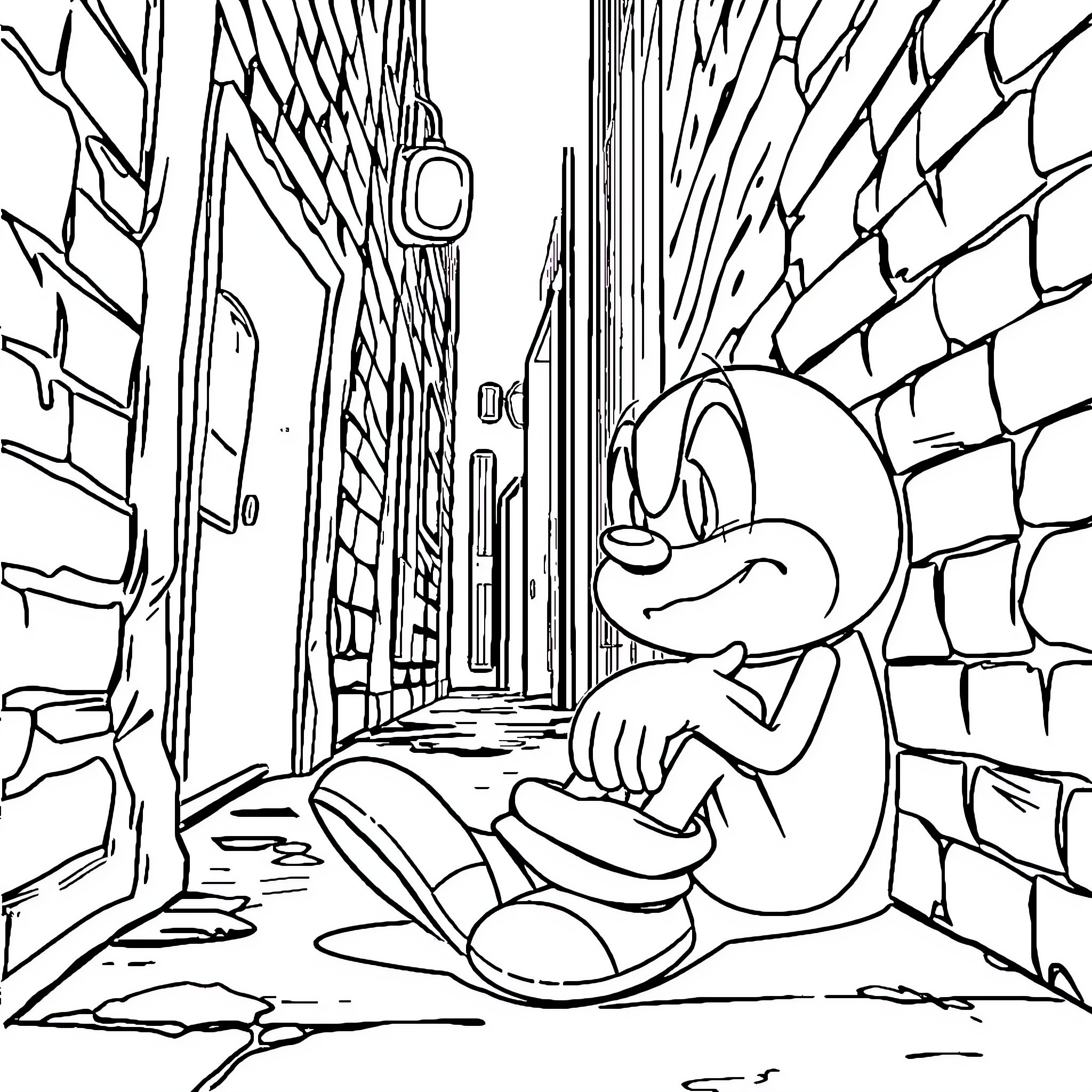 Eggman contemplating in a dark alley Coloring Page (free black-and-white line drawing printable PDF for all, from beginners to advanced learners, including children, teens, adults, and seniors)