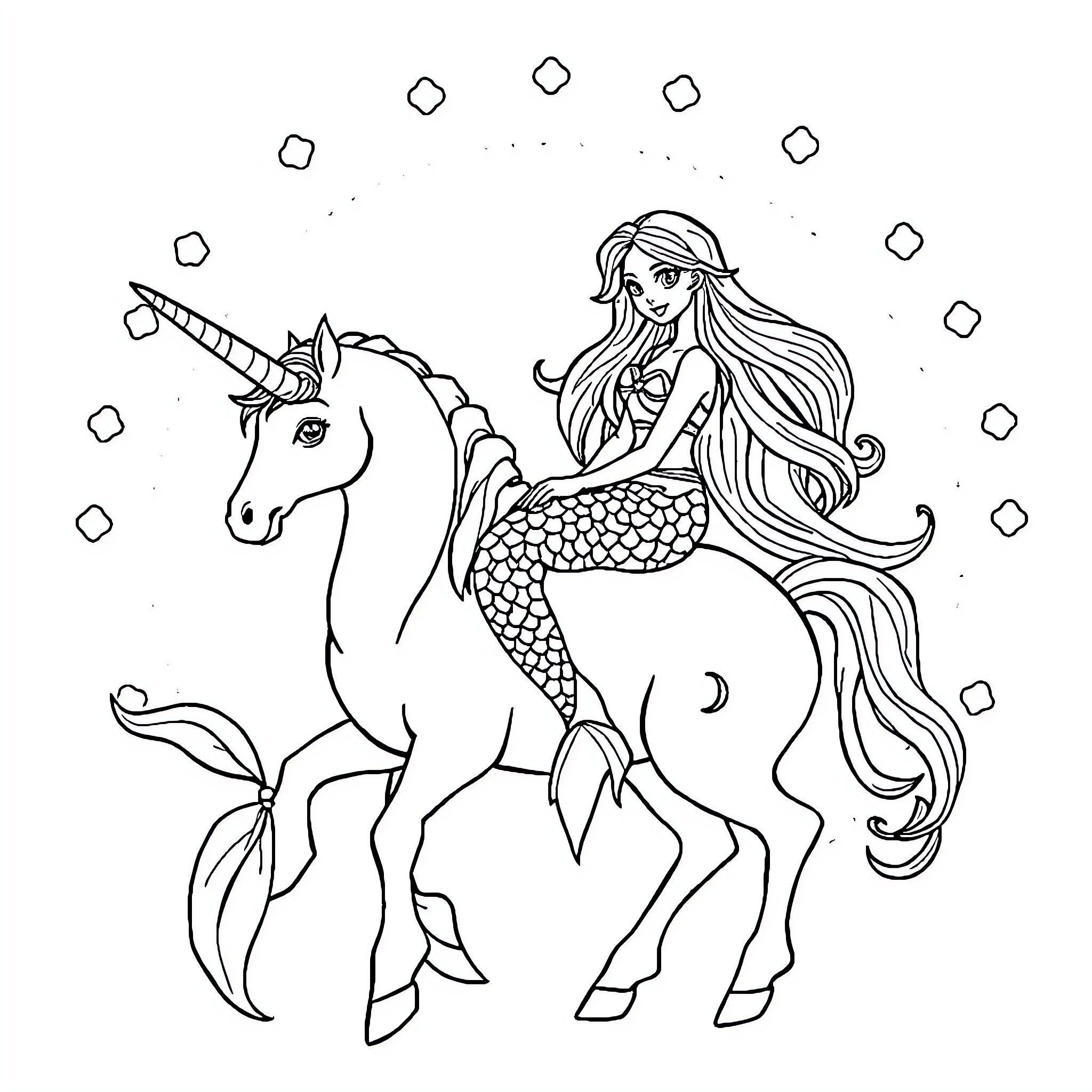 Mermaid riding a magical unicorn Coloring Page (free black-and-white line drawing printable PDF for all, from beginners to advanced learners, including children, teens, adults, and seniors)