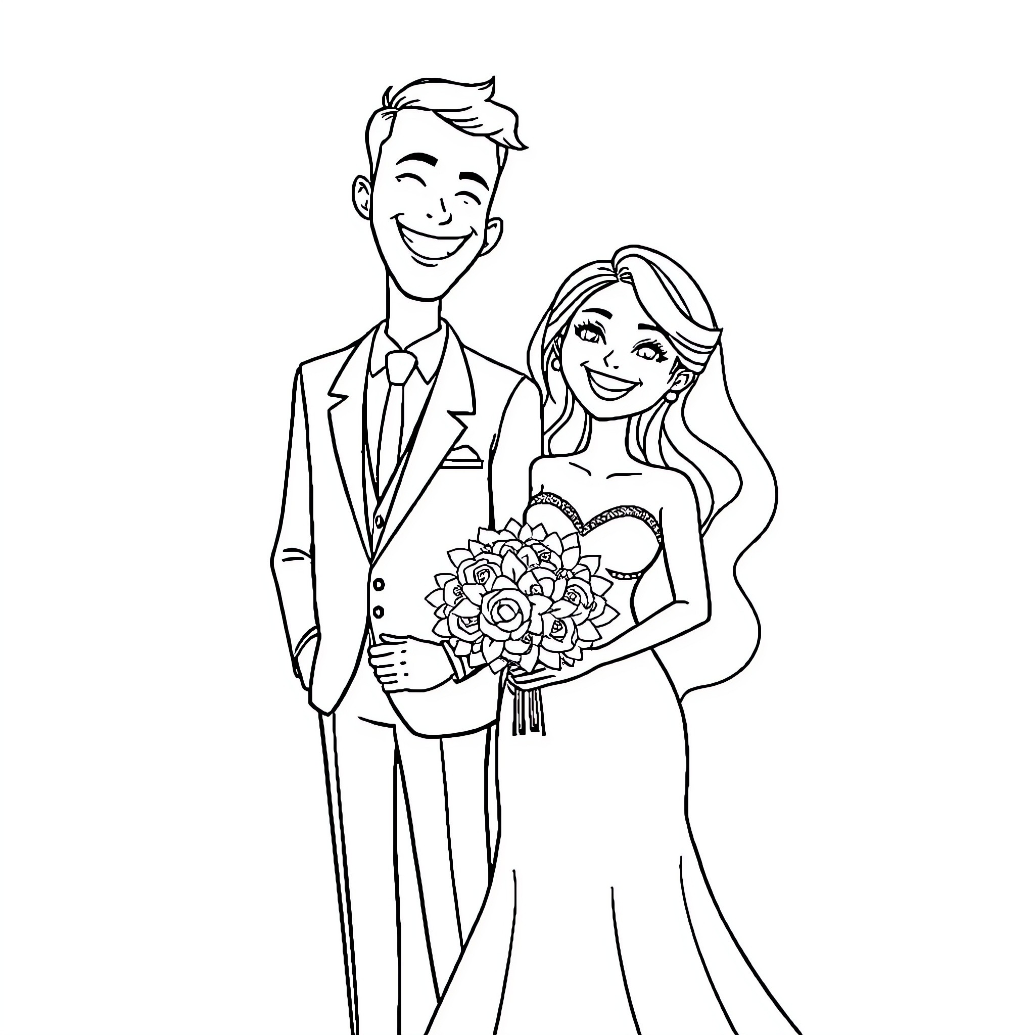 Bride and Groom Joyfully Celebrating Their Wedding Coloring Page (free black-and-white line drawing printable PDF for all, from beginners to advanced learners, including children, teens, adults, and seniors)