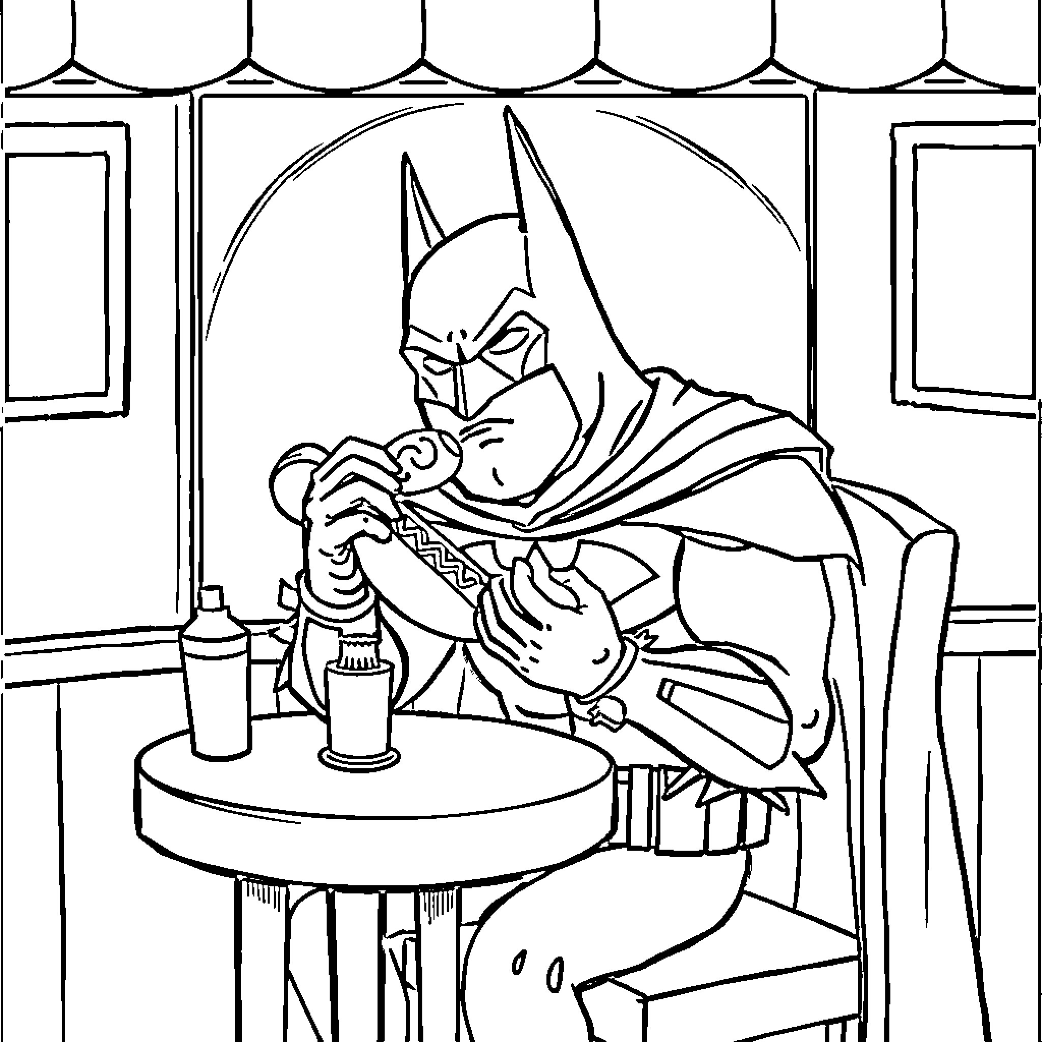 Batman contemplating in his Batcave Coloring Page (free black-and-white line drawing printable PDF for all, from beginners to advanced learners, including children, teens, adults, and seniors)