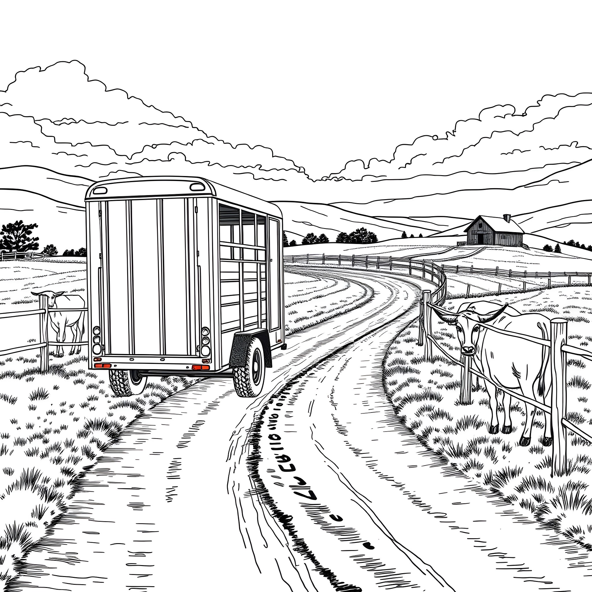 Livestock Trailer on a Rural Country Road Coloring Page (free black-and-white line drawing printable PDF for all, from beginners to advanced learners, including children, teens, adults, and seniors)
