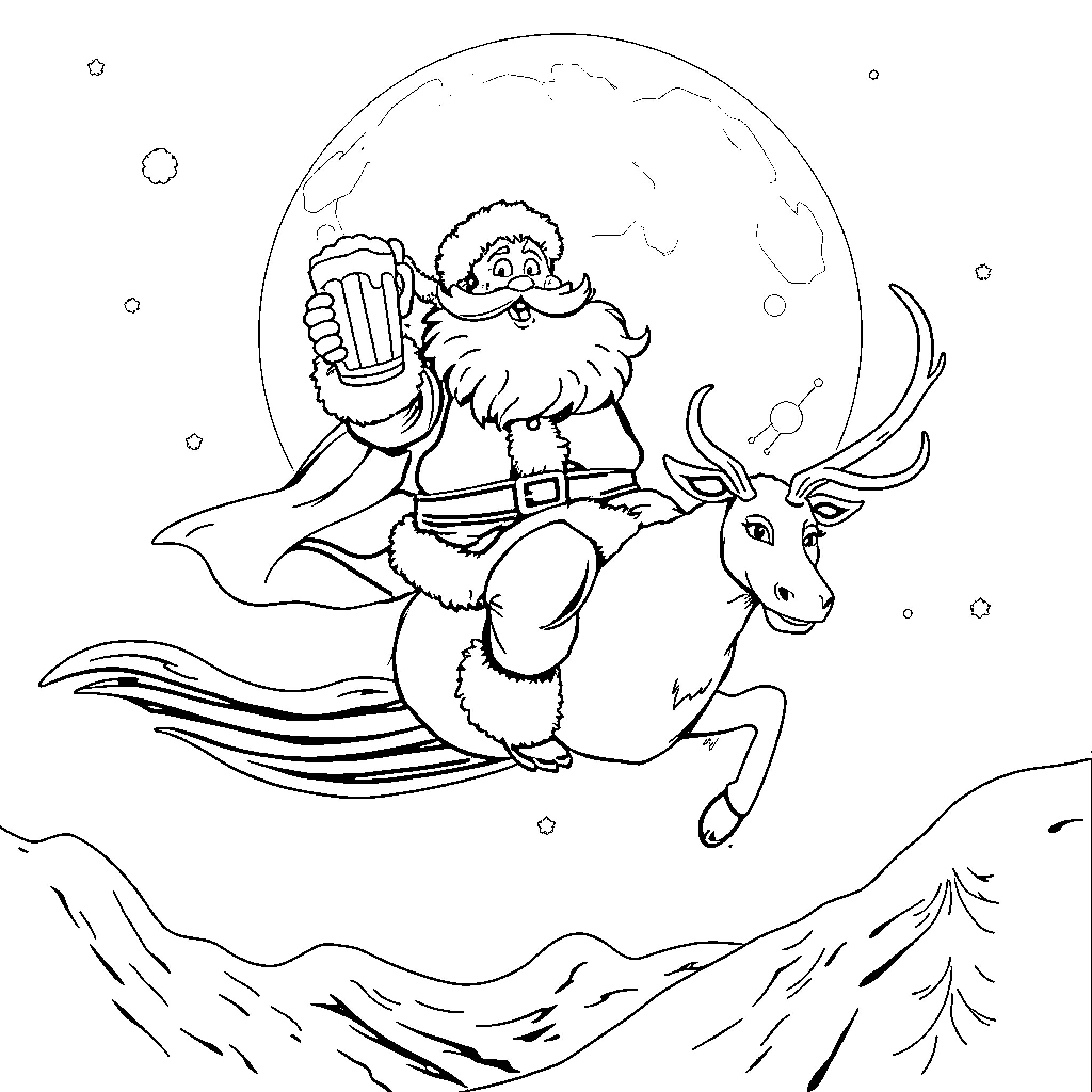 Santa riding a reindeer over a snowy landscape Coloring Page (free black-and-white line drawing printable PDF for all, from beginners to advanced learners, including children, teens, adults, and seniors)