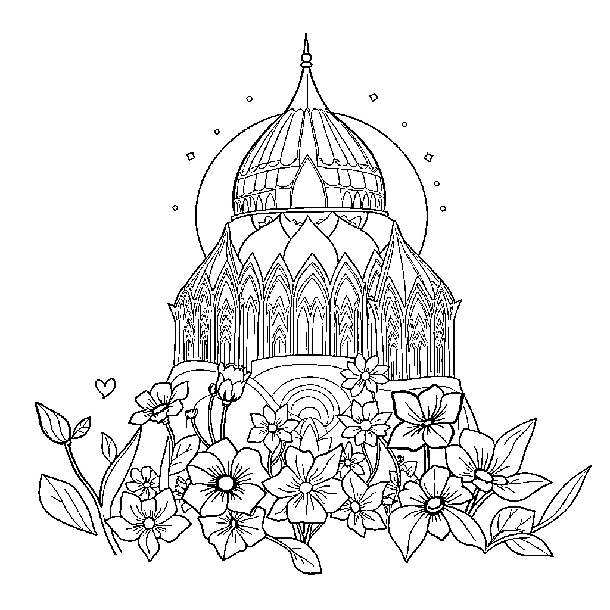 Book of Flowers Blooming Around Architectural Dome Coloring Page (free black-and-white line drawing printable PDF for all, from beginners to advanced learners, including children, teens, adults, and seniors)