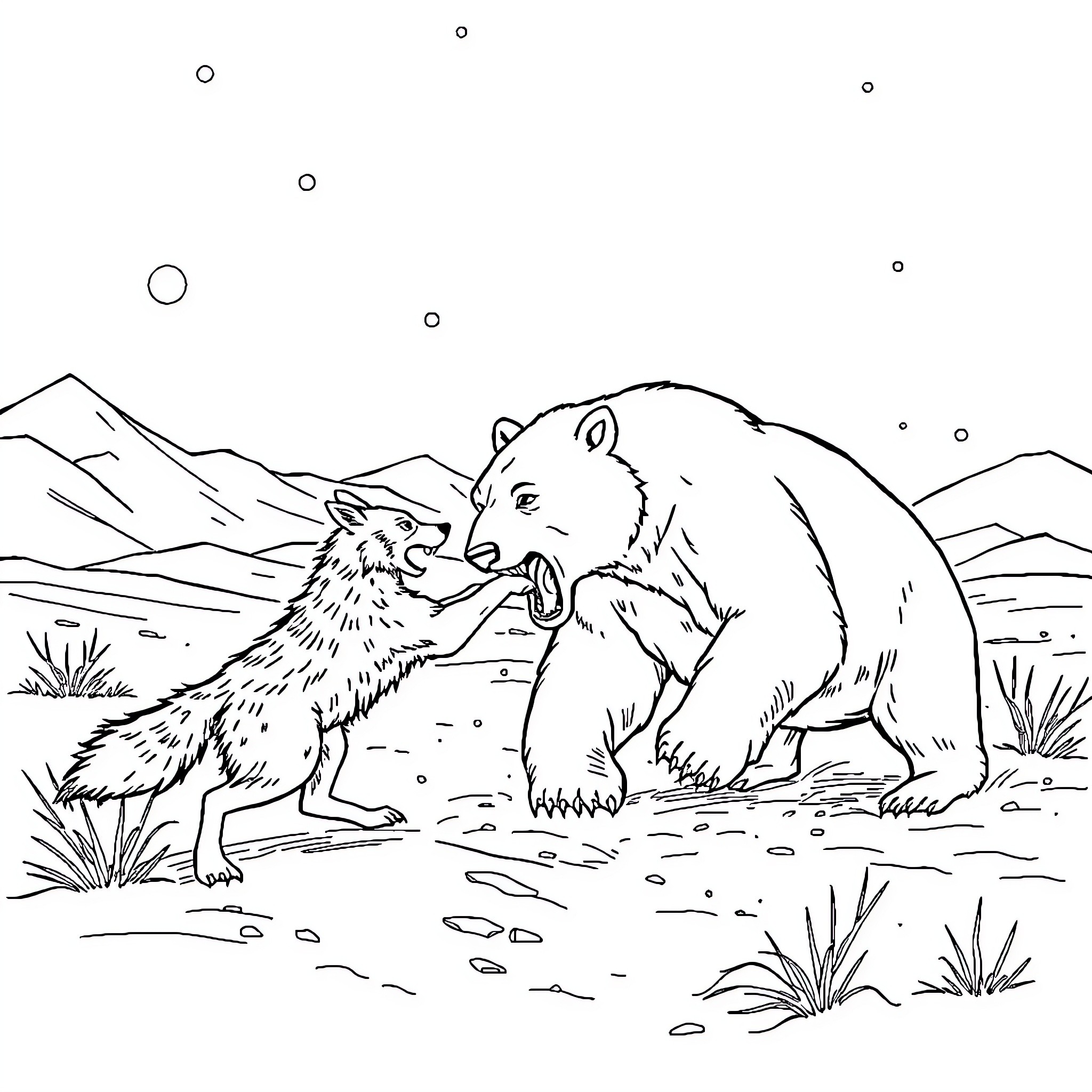 Coyote and Bear Encounter in the Wild Coloring Page (free black-and-white line drawing printable PDF for all, from beginners to advanced learners, including children, teens, adults, and seniors)