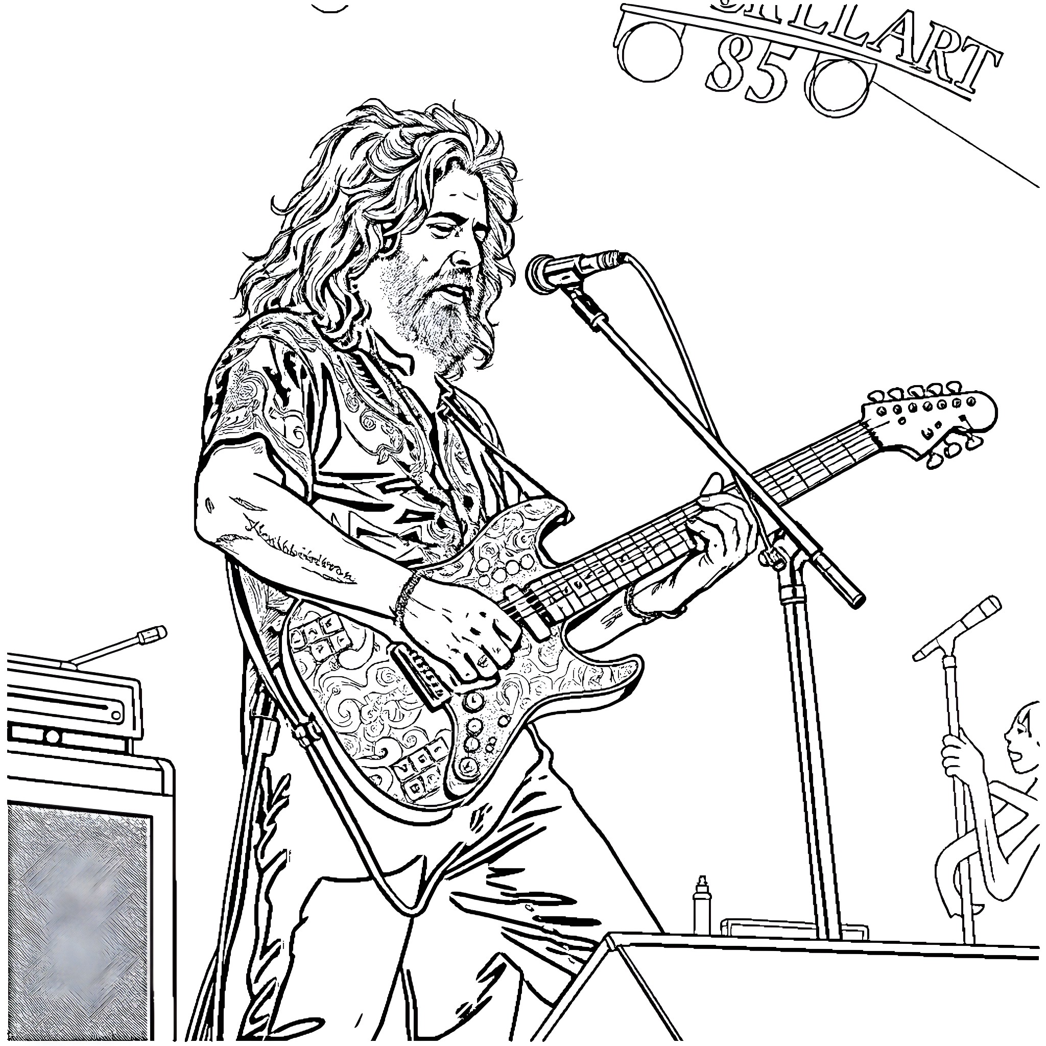 Jerry Garcia performing on stage with guitar and microphone Coloring Page (free black-and-white line drawing printable PDF for all, from beginners to advanced learners, including children, teens, adults, and seniors)