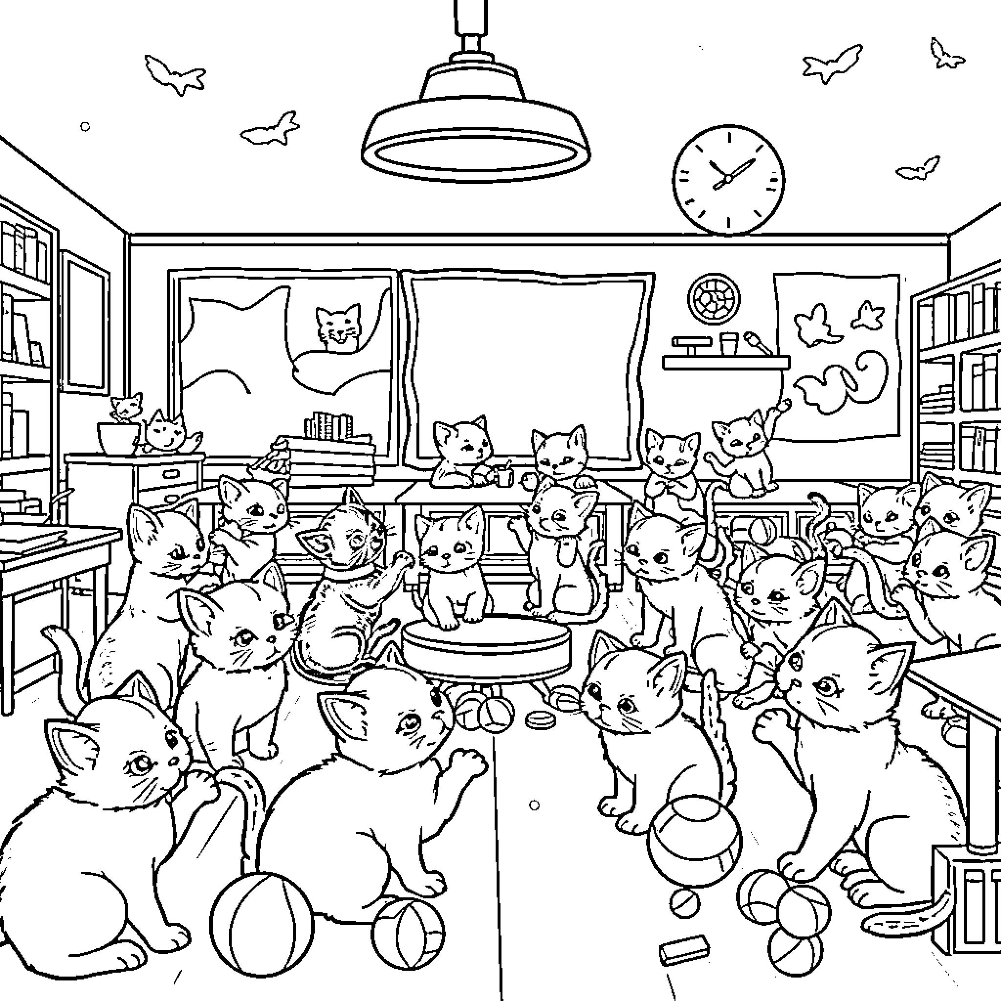 Kitten Playtime in the Cozy Classroom Coloring Page (free black-and-white line drawing printable PDF for all, from beginners to advanced learners, including children, teens, adults, and seniors)