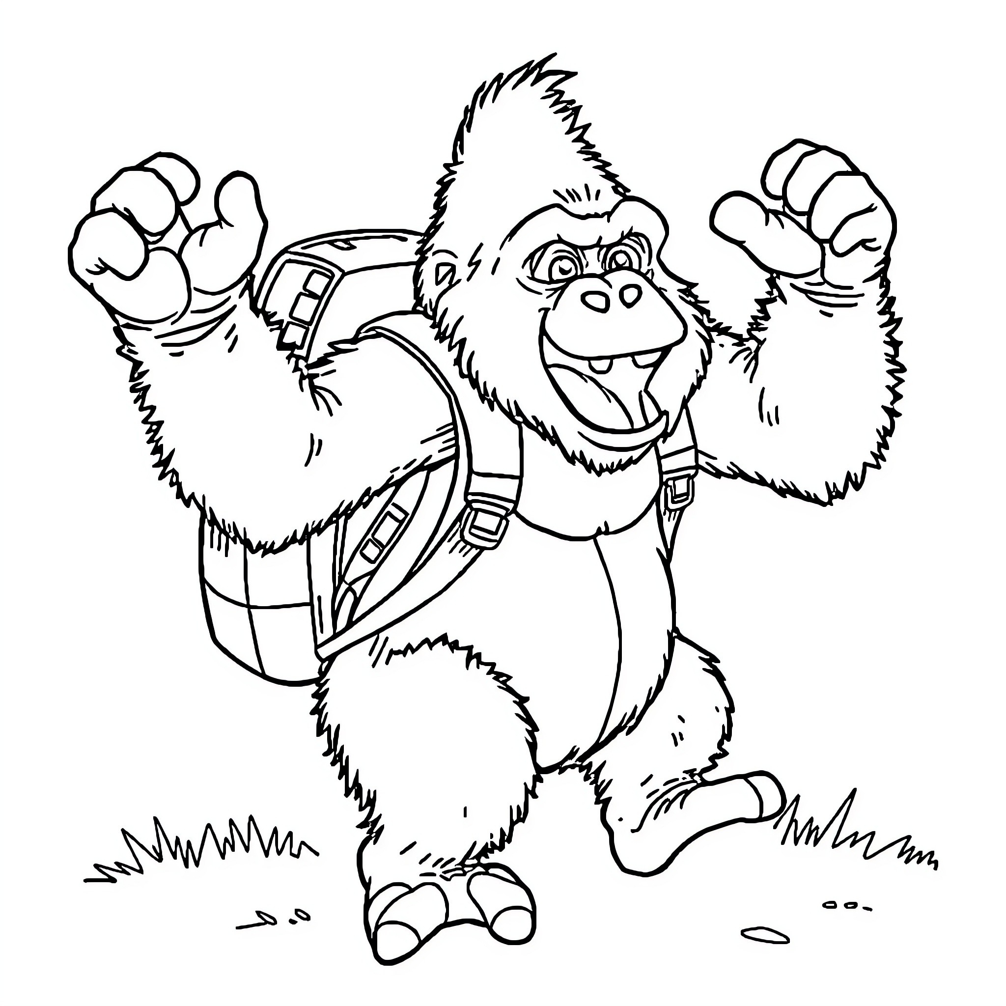 Gorilla exploring the outdoors with backpack Coloring Page (free black-and-white line drawing printable PDF for all, from beginners to advanced learners, including children, teens, adults, and seniors)