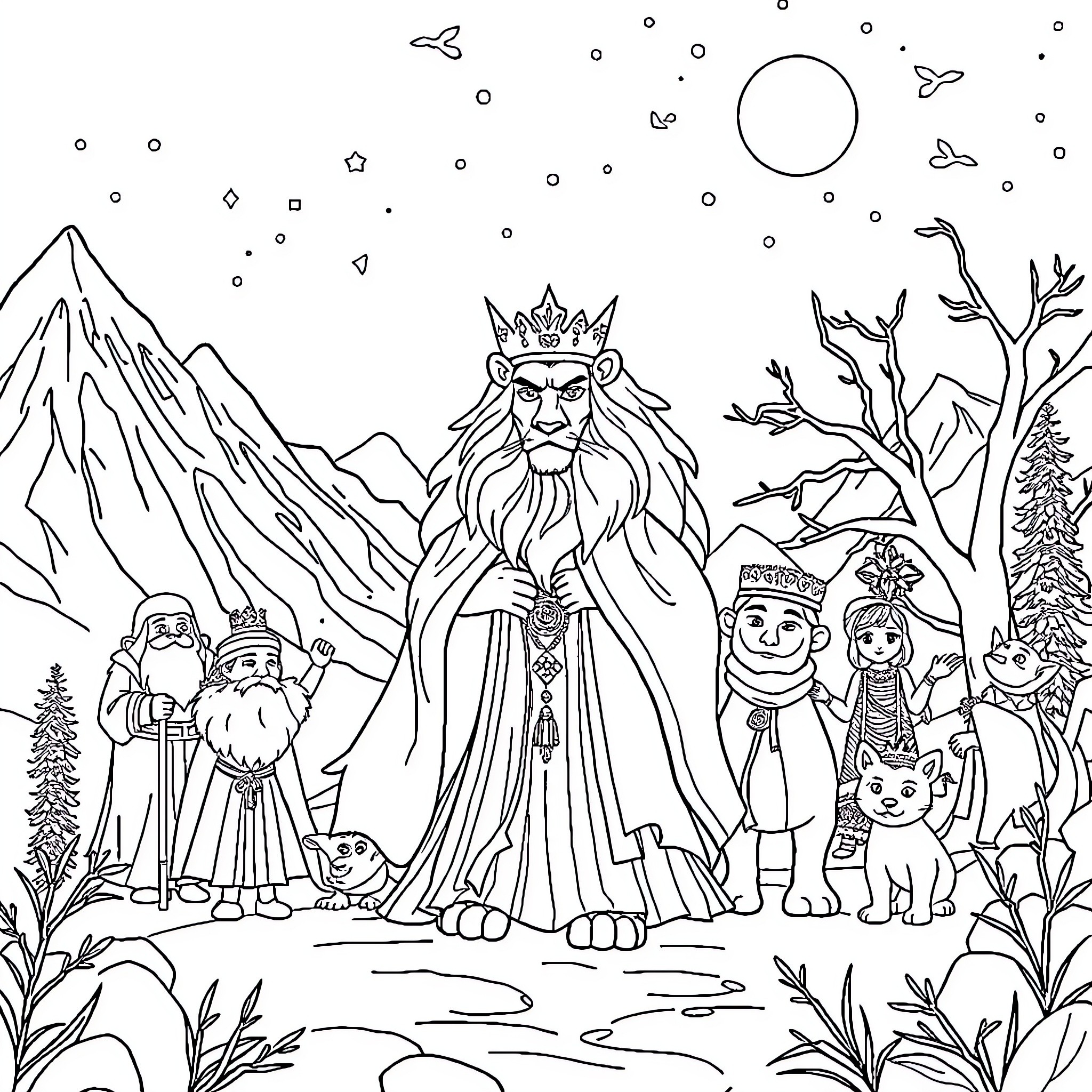 Snow Queen leading her winter entourage in the snowy mountains Coloring Page (free black-and-white line drawing printable PDF for all, from beginners to advanced learners, including children, teens, adults, and seniors)