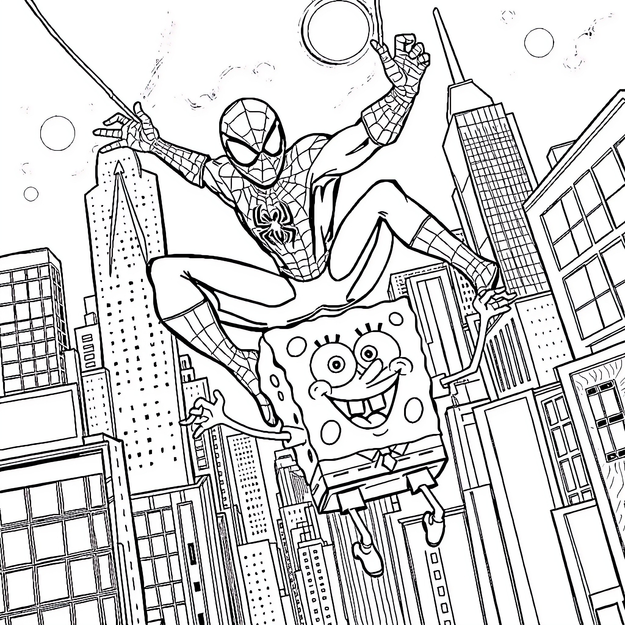 Spiderman swinging through the city skyline Coloring Page (free black-and-white line drawing printable PDF for all, from beginners to advanced learners, including children, teens, adults, and seniors)