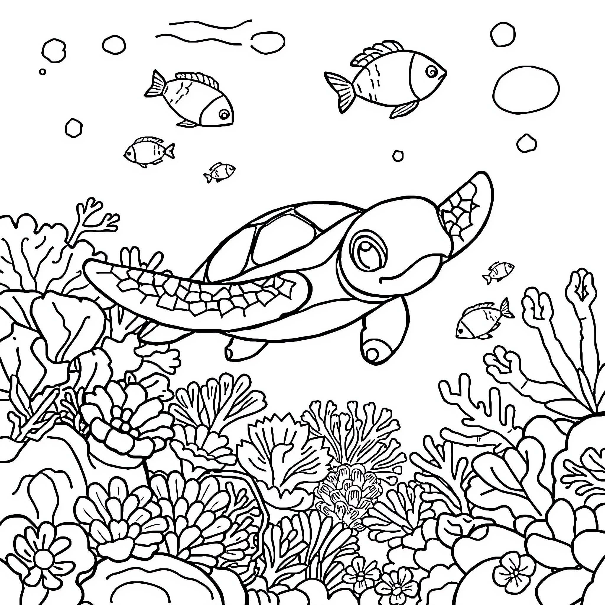 Turtle exploring vibrant underwater scenery Coloring Page (free black-and-white line drawing printable PDF for all, from beginners to advanced learners, including children, teens, adults, and seniors)