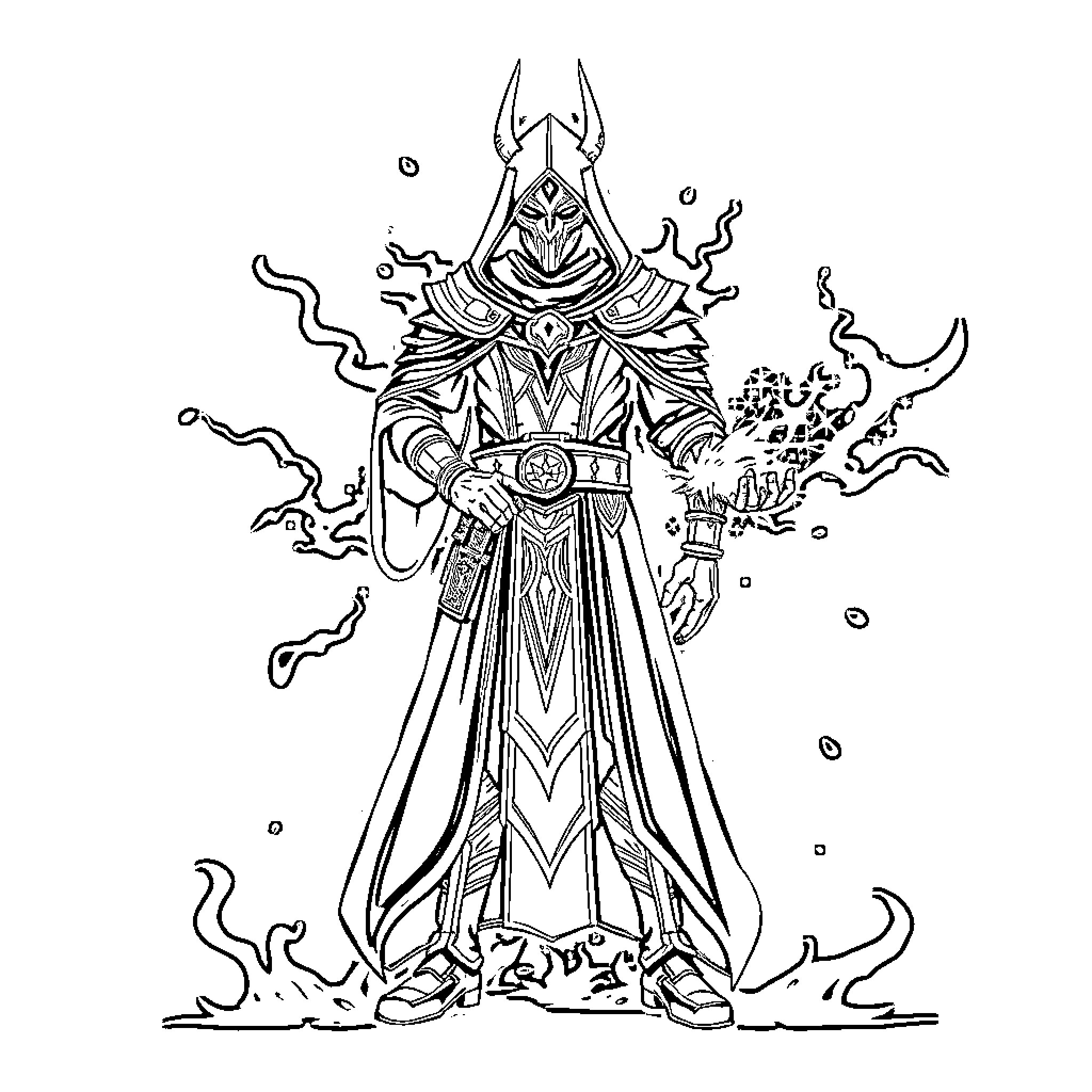 Warlock in Ceremonial Robes Wielding Arcane Powers Coloring Page (free black-and-white line drawing printable PDF for all, from beginners to advanced learners, including children, teens, adults, and seniors)