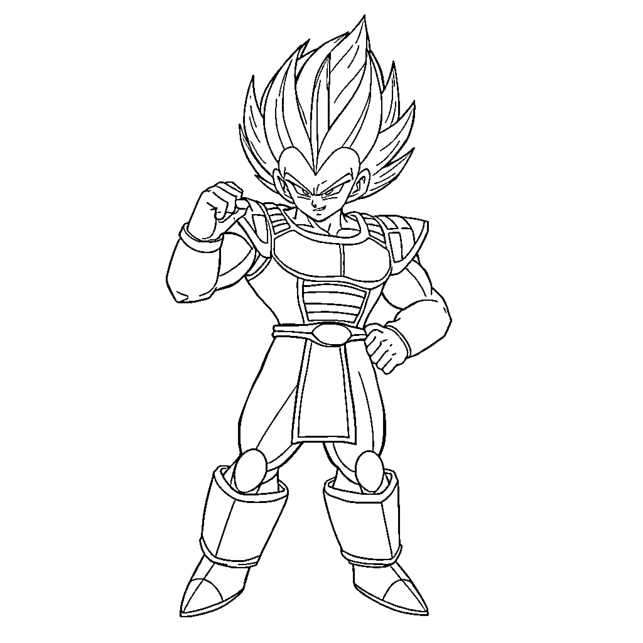 Vegeta in battle stance with determined expression Coloring Page (free black-and-white line drawing printable PDF for all, from beginners to advanced learners, including children, teens, adults, and seniors)